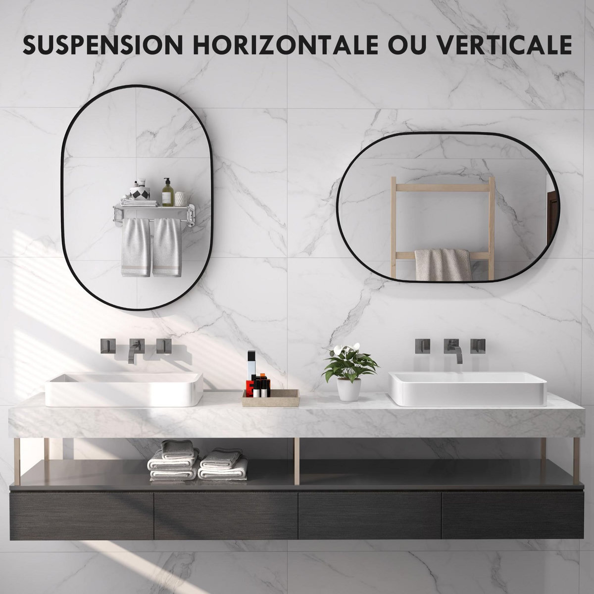 HOMCOM Miroir mural ovale dim. 60L x 90H cm cadre arrondi montage vertical/horizontal alu. noir