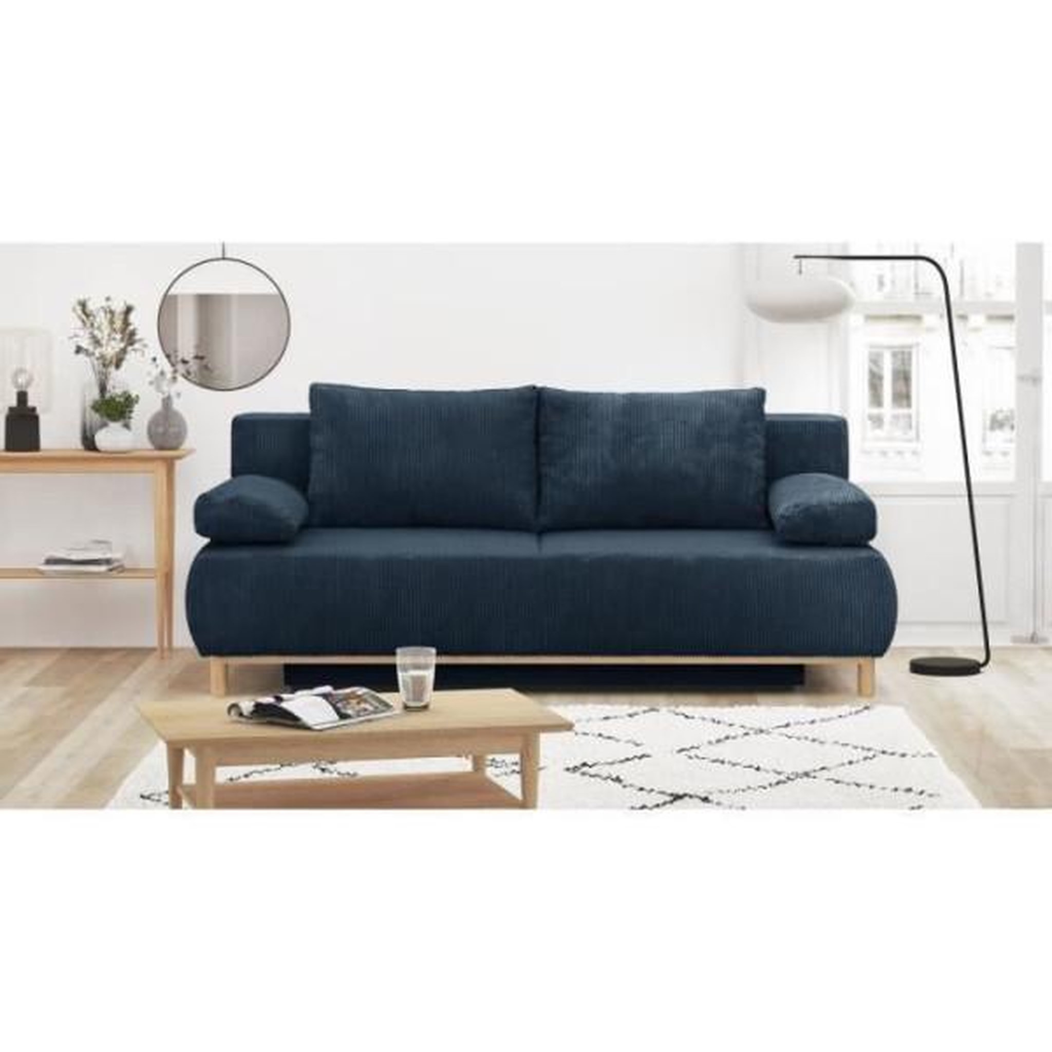 Voir la diapositive 2 : MARKET24 Banquette convertible 3 places MIKA - Velours côtelé bleu foncé - Coffre de rangement - L 192 x H 84 x P 93 cm