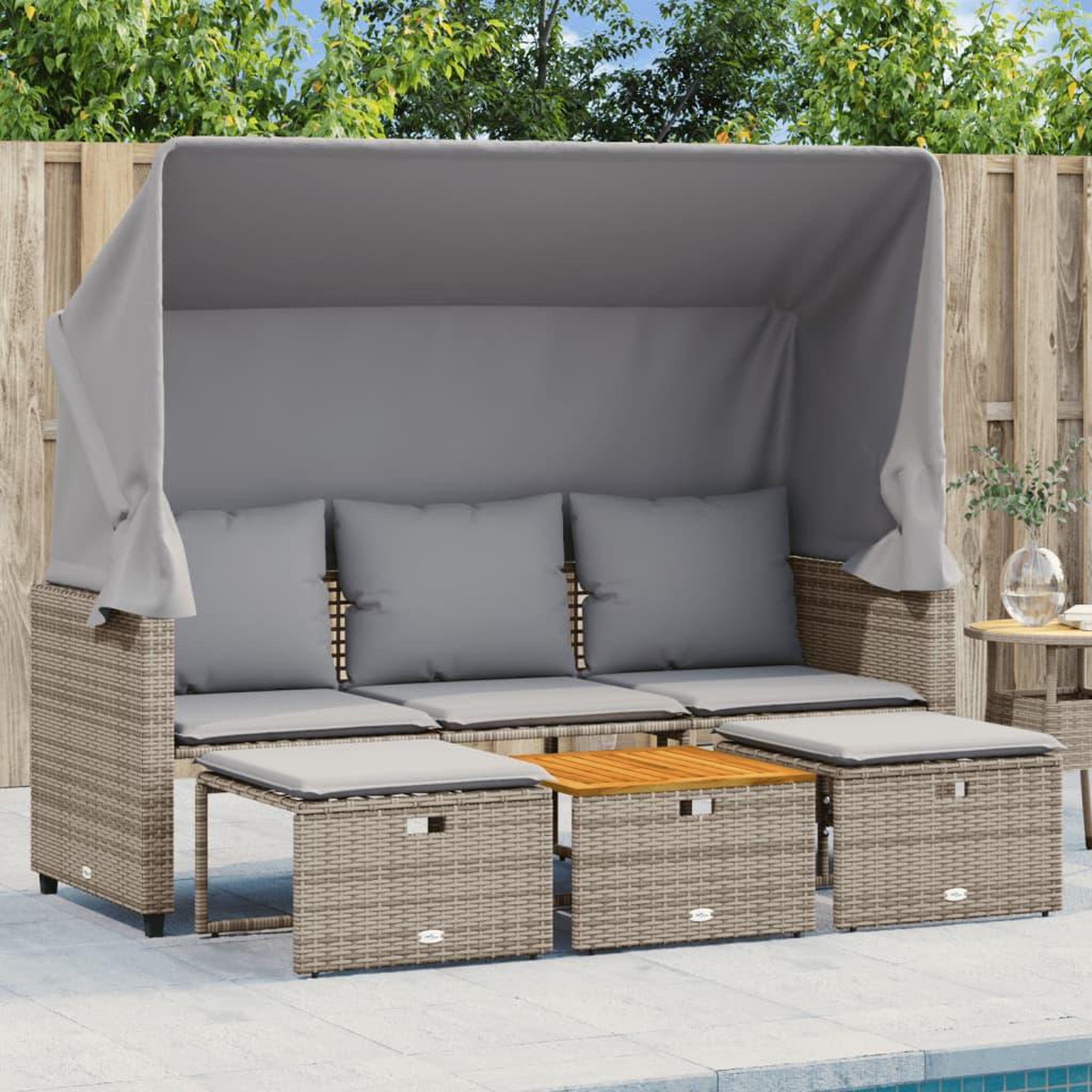 VIDAXL Canape de jardin 3 places avec auvent et tabourets gris rotin