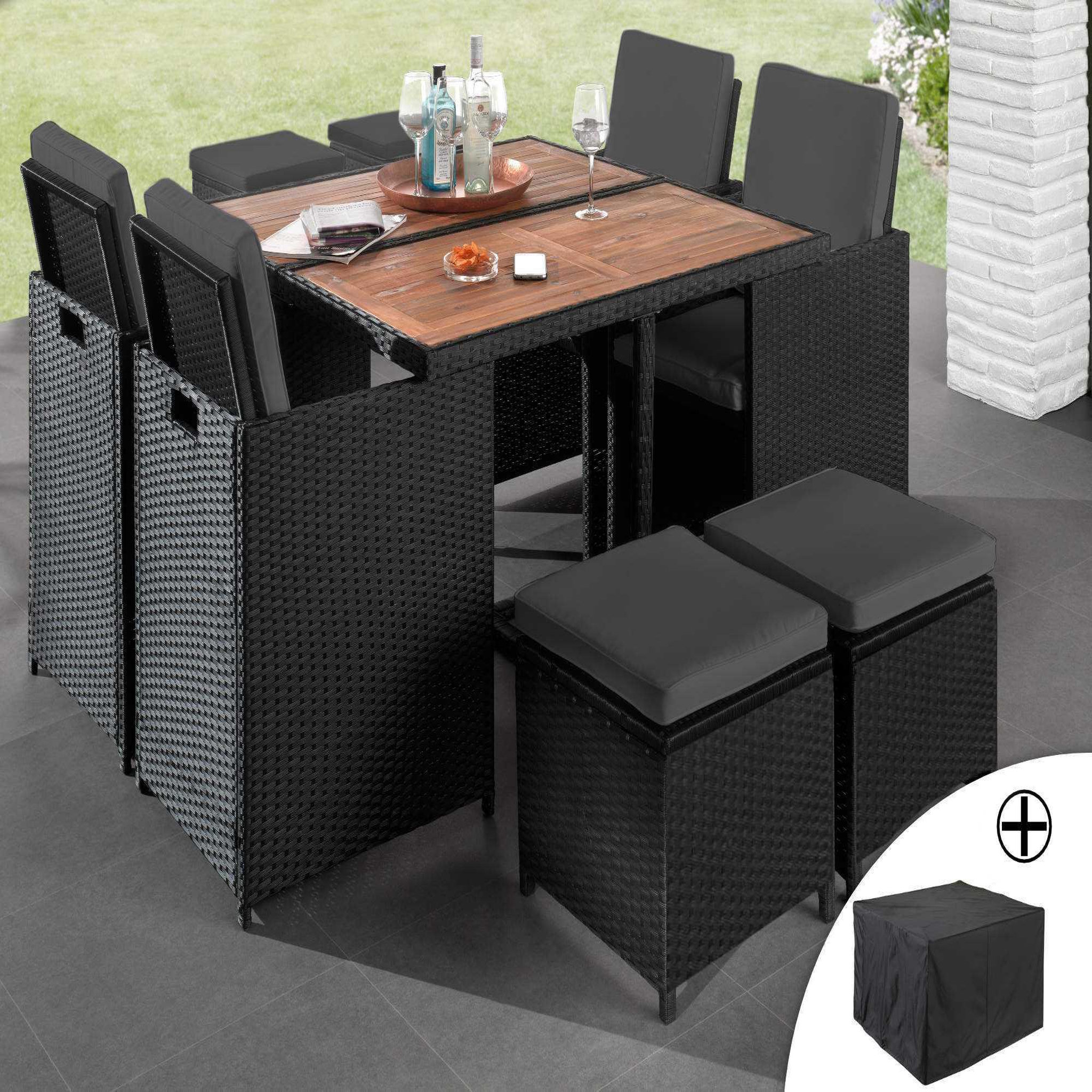 Voir la diapositive 1 : BEST MOBILIER Cuba - salon de jardin encastrable 8 places - en résine tressée - noir avec coussins gris + housse de protection
