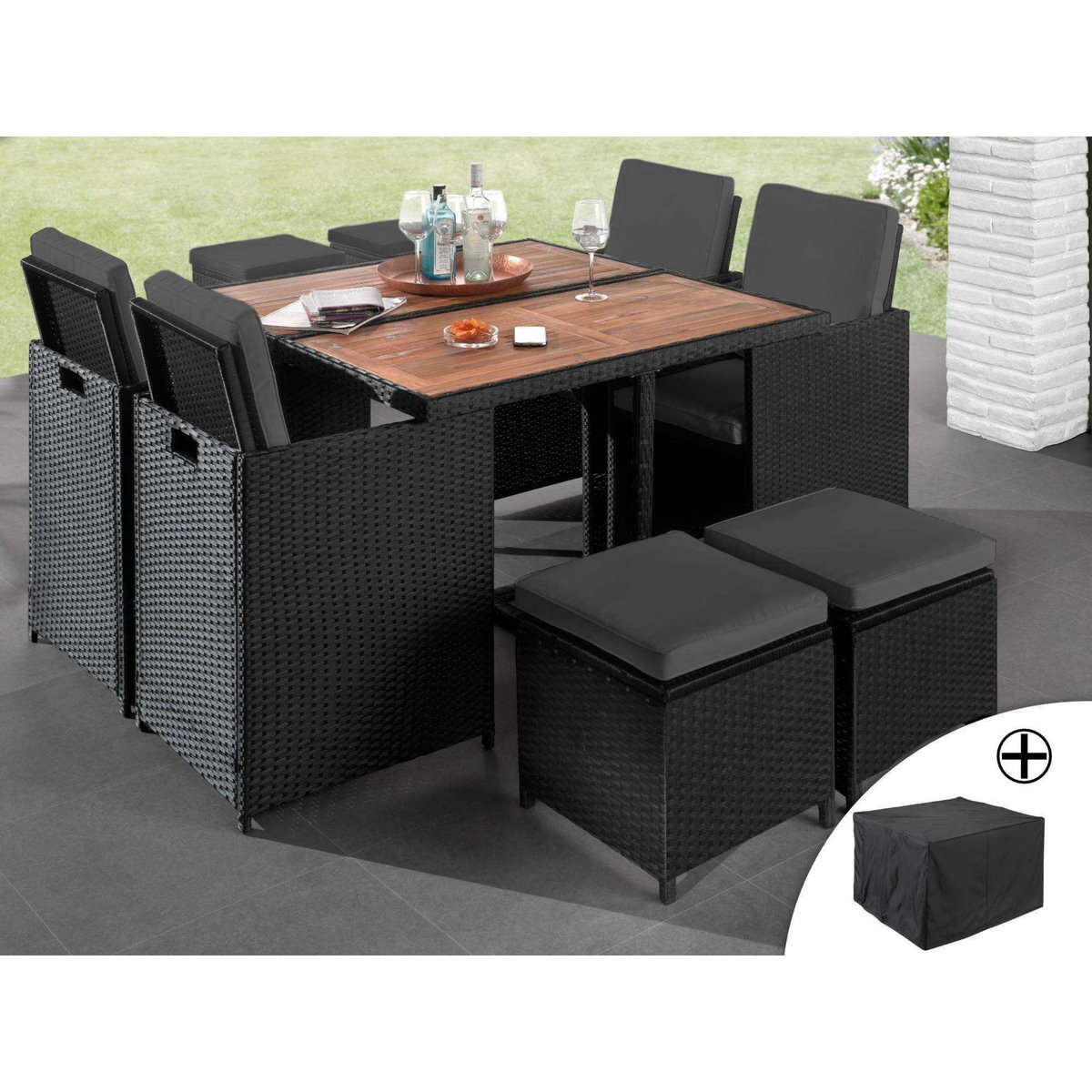 BEST MOBILIER Cuba - salon de jardin encastrable 8 places - en résine tressée - noir avec coussins gris + housse de protection