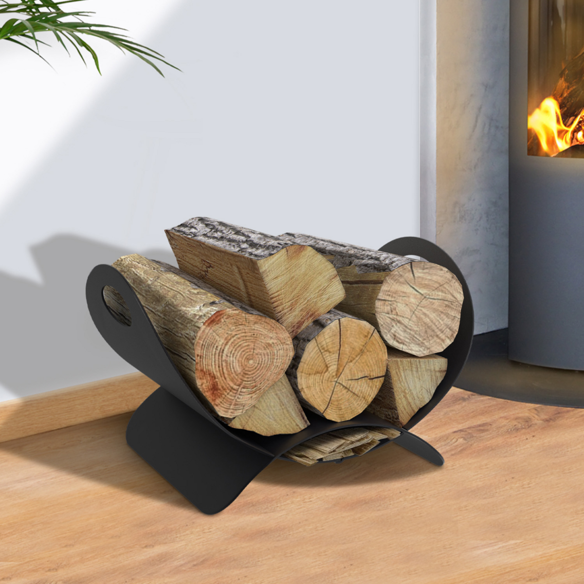 ID MARKET Panier range bûches demi lune 40 x 30 x 25 cm en acier noir