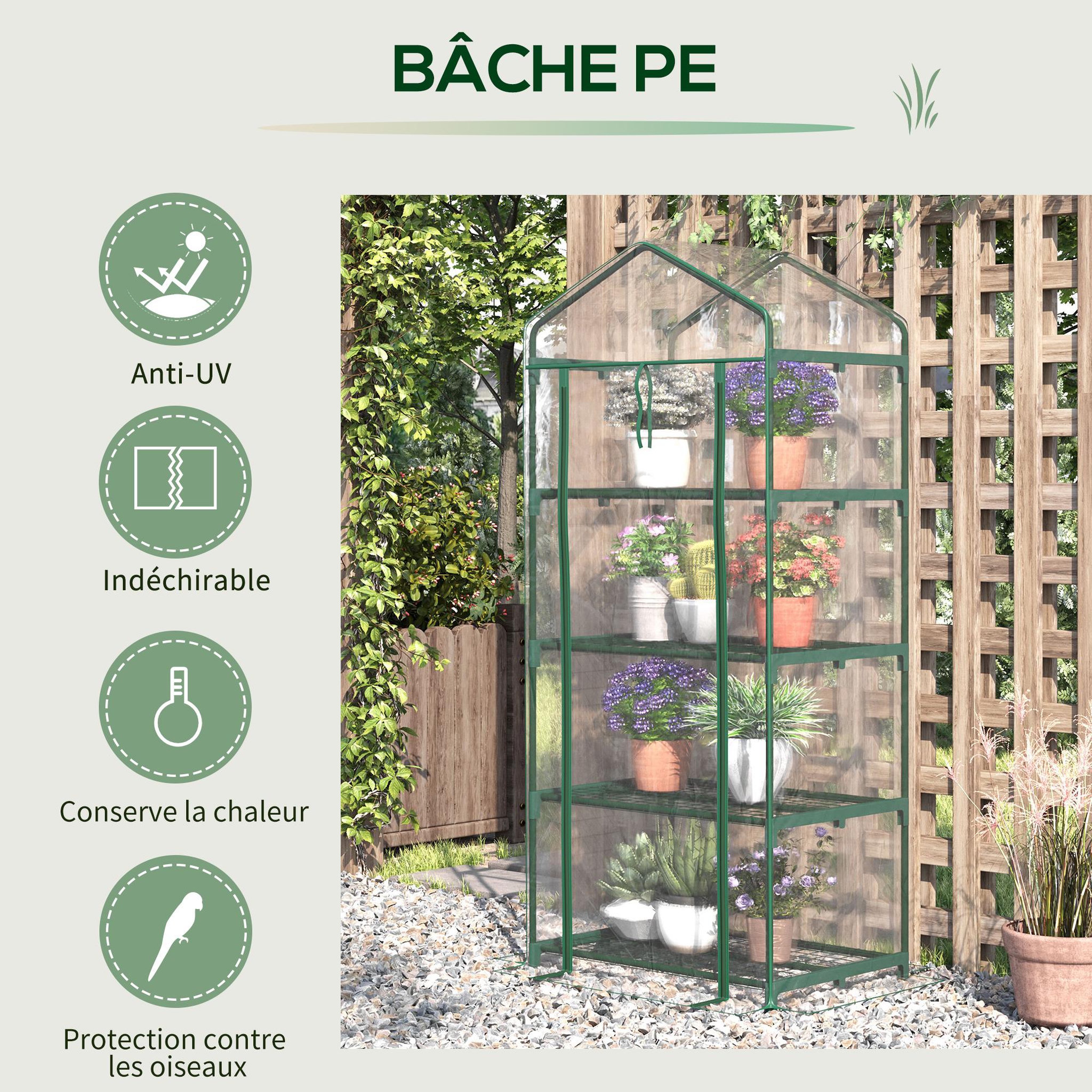 Voir la diapositive 5 : OUTSUNNY Serre de jardin balcon étagère serre 4 niveaux 0,7l x 0,5l x 1,6h m acier époxy bâche amovible pvc haute densité transparente
