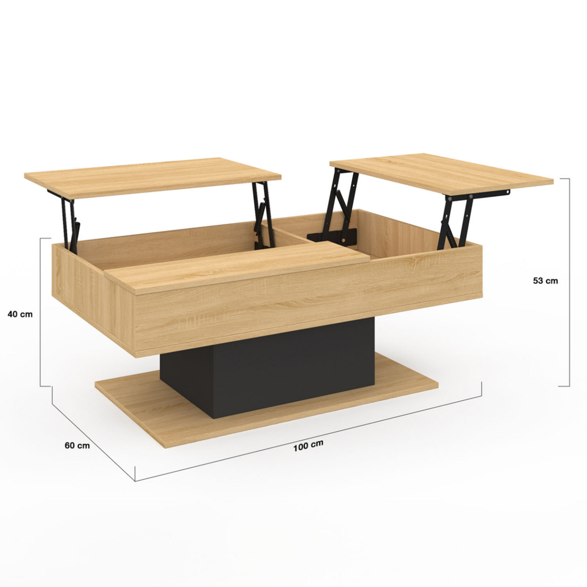 ID MARKET Table basse 2 plateaux relevables rectangulaire EDEN bois et noir