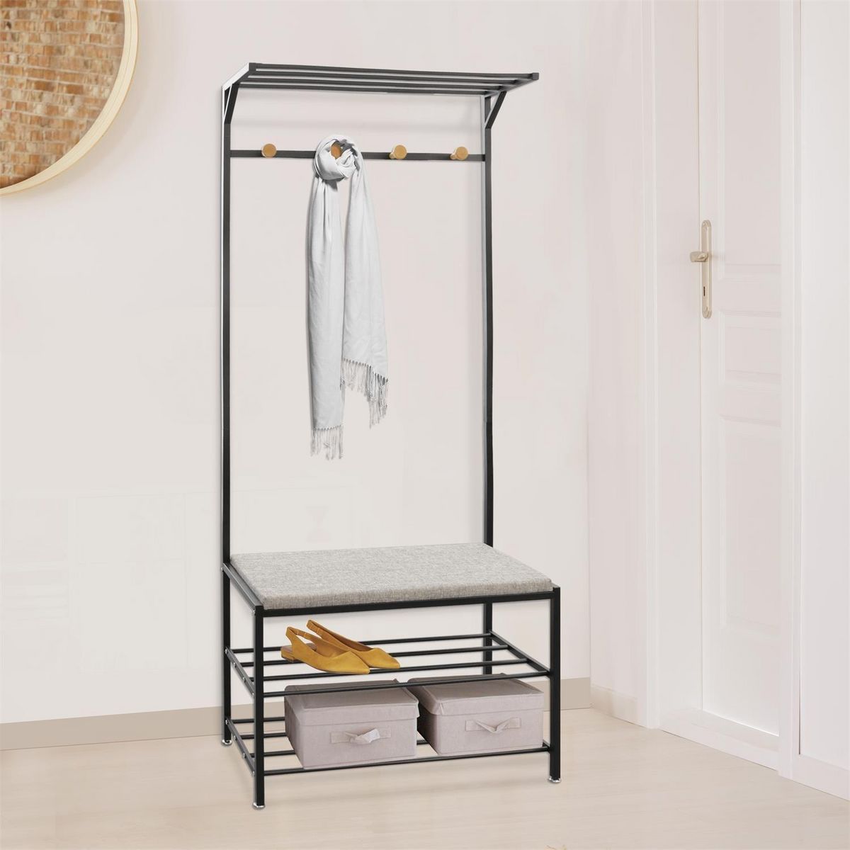 The Home Deco Factory Portemanteau avec banc 4 accroches - Noir