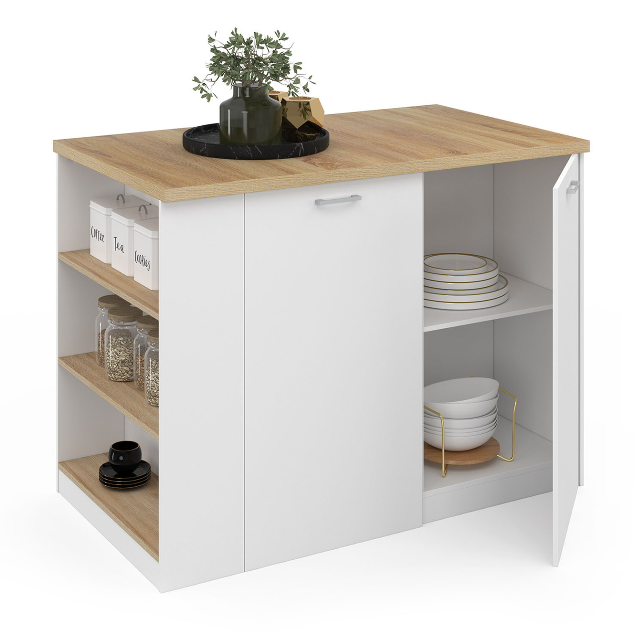 ID MARKET Ilot central tibo 120 cm bois blanc avec plan de travail façon hêtre