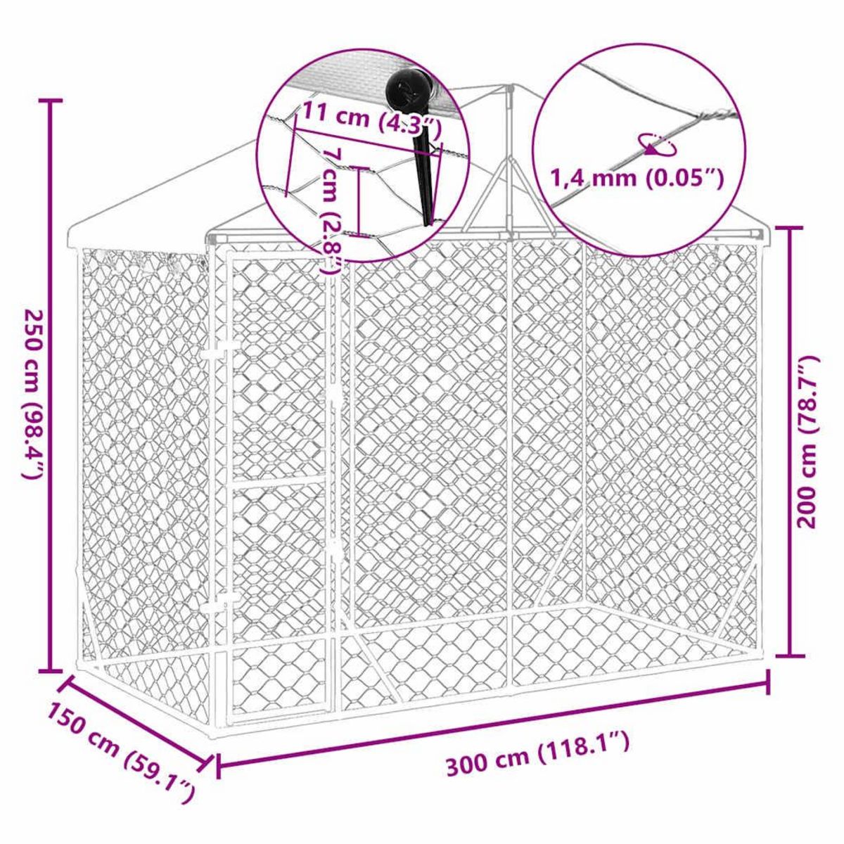 VIDAXL Chenil d'exterieur pour chiens avec toit argente 3x1,5x2,5 m