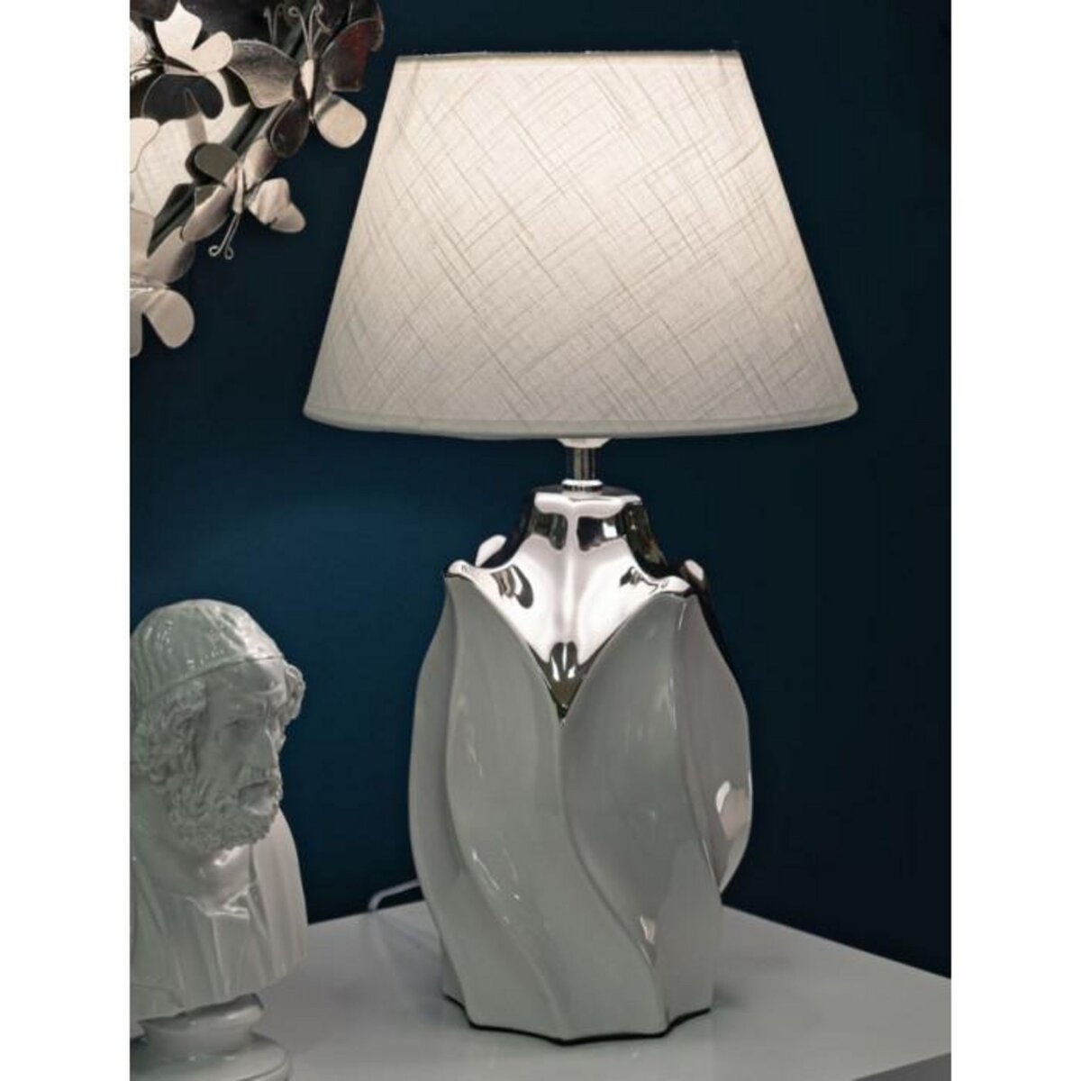 Paris Prix Lampe à Poser en Céramique  Shiney  51cm Blanc & Argent