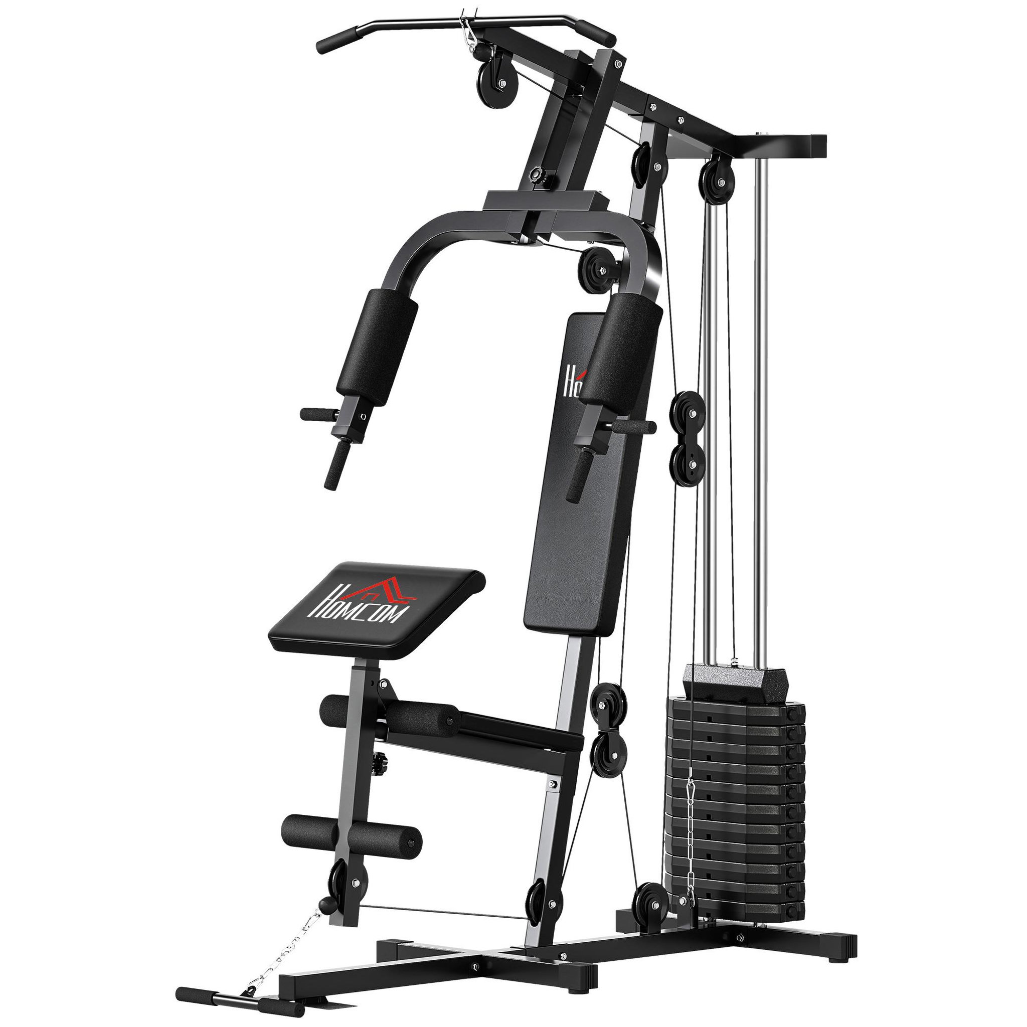 HOMCOM Station de musculation - développé couché, butterfly, barre latissimus, curler, bande résistance - 12 contrepoids - acier noir