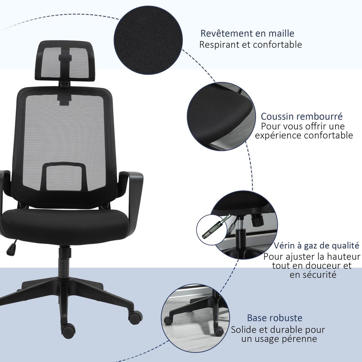 VINSETTO Vinsetto Fauteuil de bureau manager grand confort dossier ergonomique hauteur assise réglable appui-tête tissu maille noir