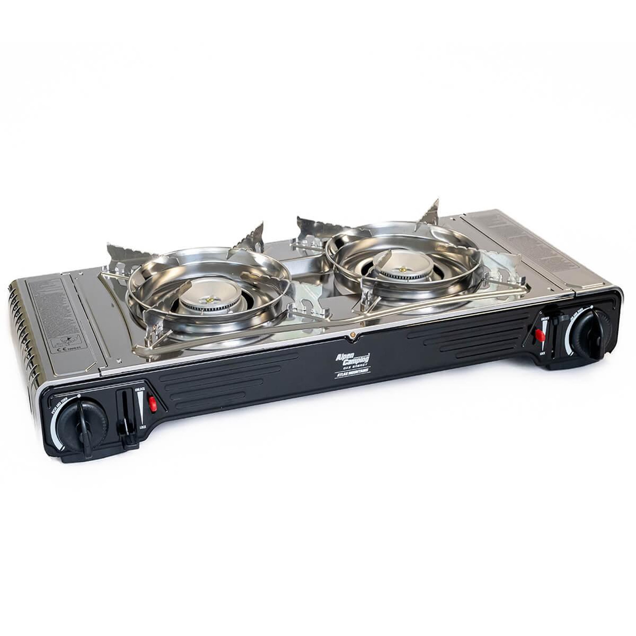 Voir la diapositive 6 : ALPENTECH Réchaud gaz 2 feux 4400W Inox Thermocouple Interieur / Exterieur ATLAS ALPEN