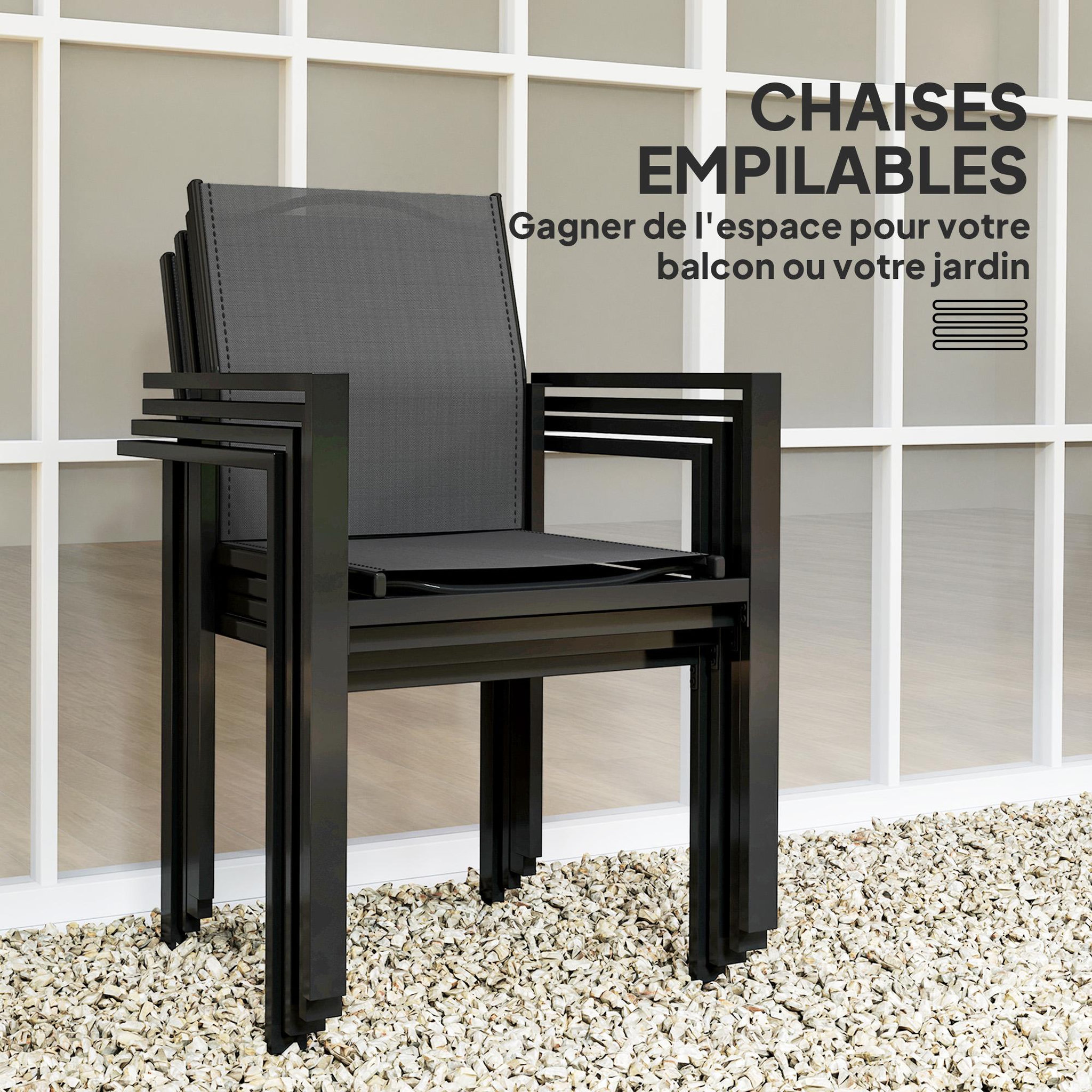 Voir la diapositive 5 : OUTSUNNY Ensemble table de jardin rectangulaire et 4 chaises empilables métal textliène verre trempé noir