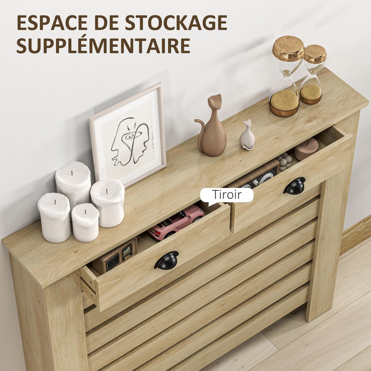 HOMCOM Couvercle de radiateur, cache radiateur, grille à lattes horizontales, avec 2 tiroirs, 111 x 19 x 95,5 cm, couleur aspect bois