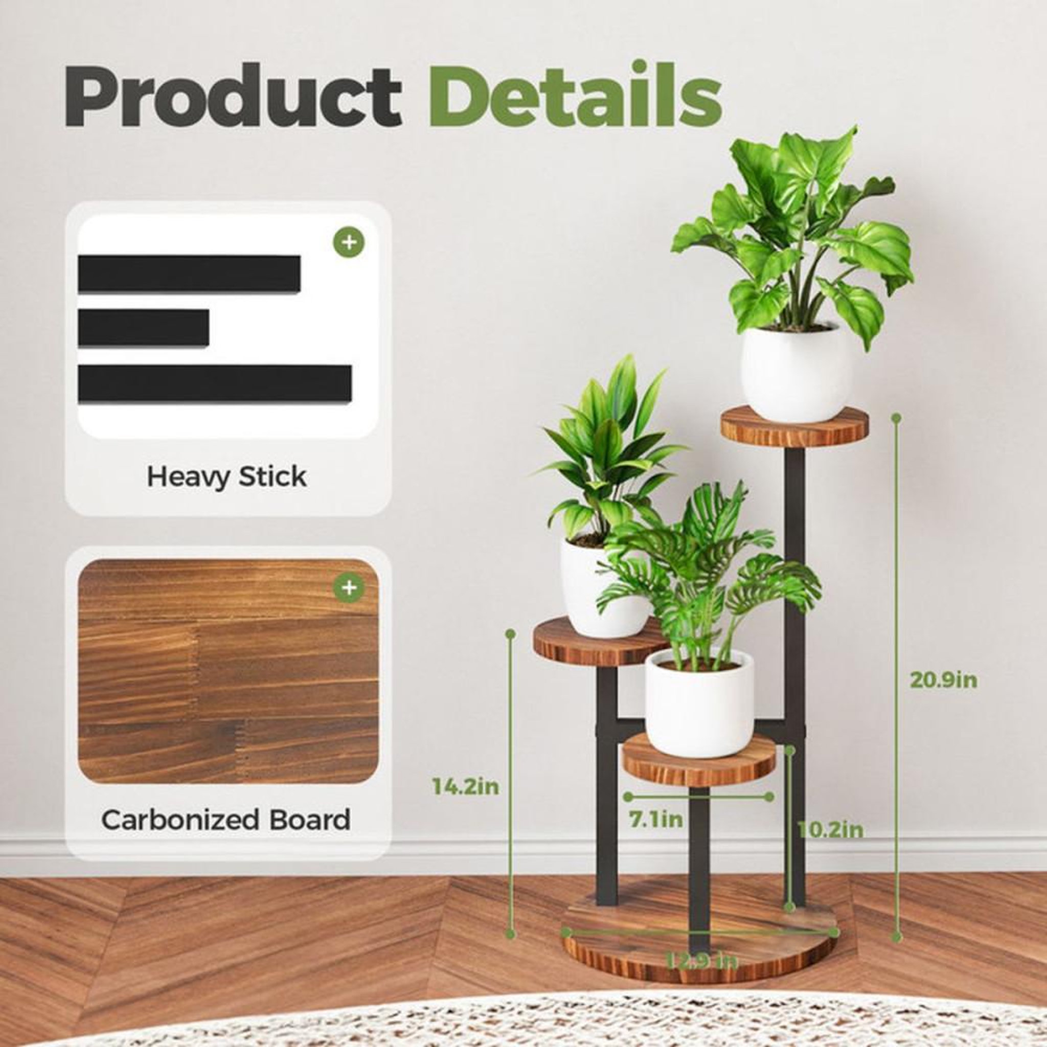 Voir la diapositive 2 : Support à plantes 3 niveaux métal avec tablettes rondes en bois, jaune asymétrique pour intérieur et extérieur