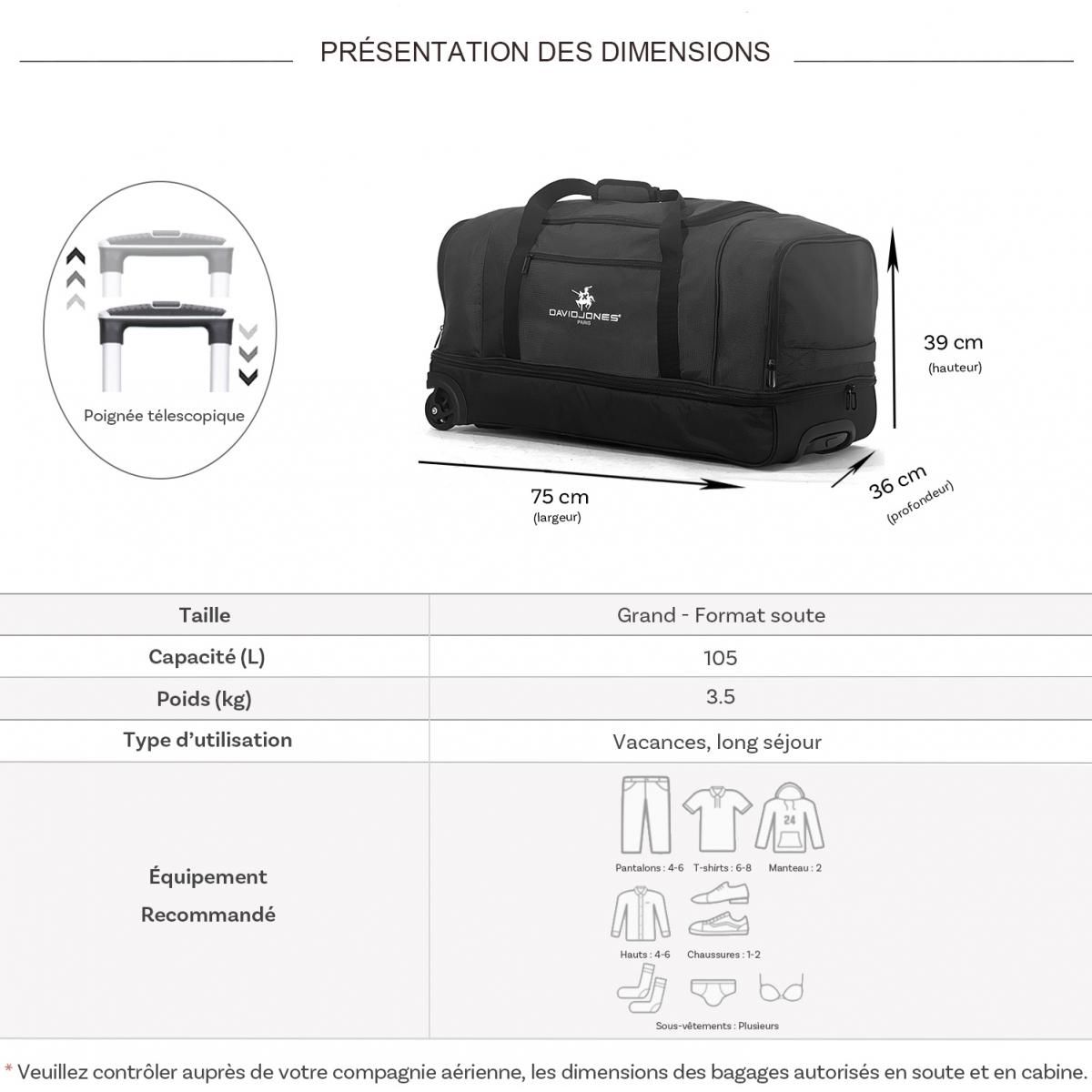 David Jones Sac de voyage à roulettes 105L double compartiment 75cm