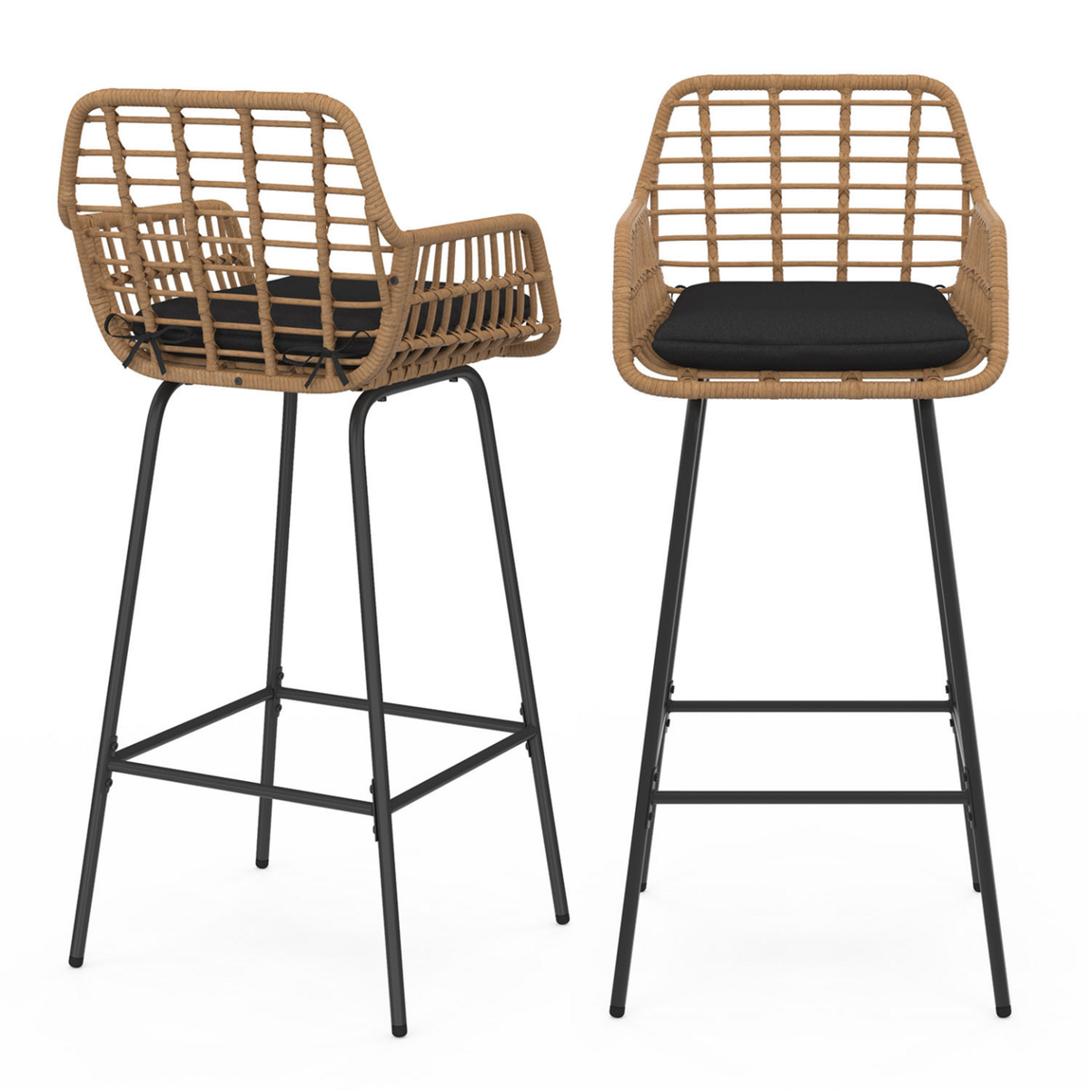 ID MARKET Lot de 2 tabourets de bar SUMMER effet rotin beige pied metal noir avec accoudoirs