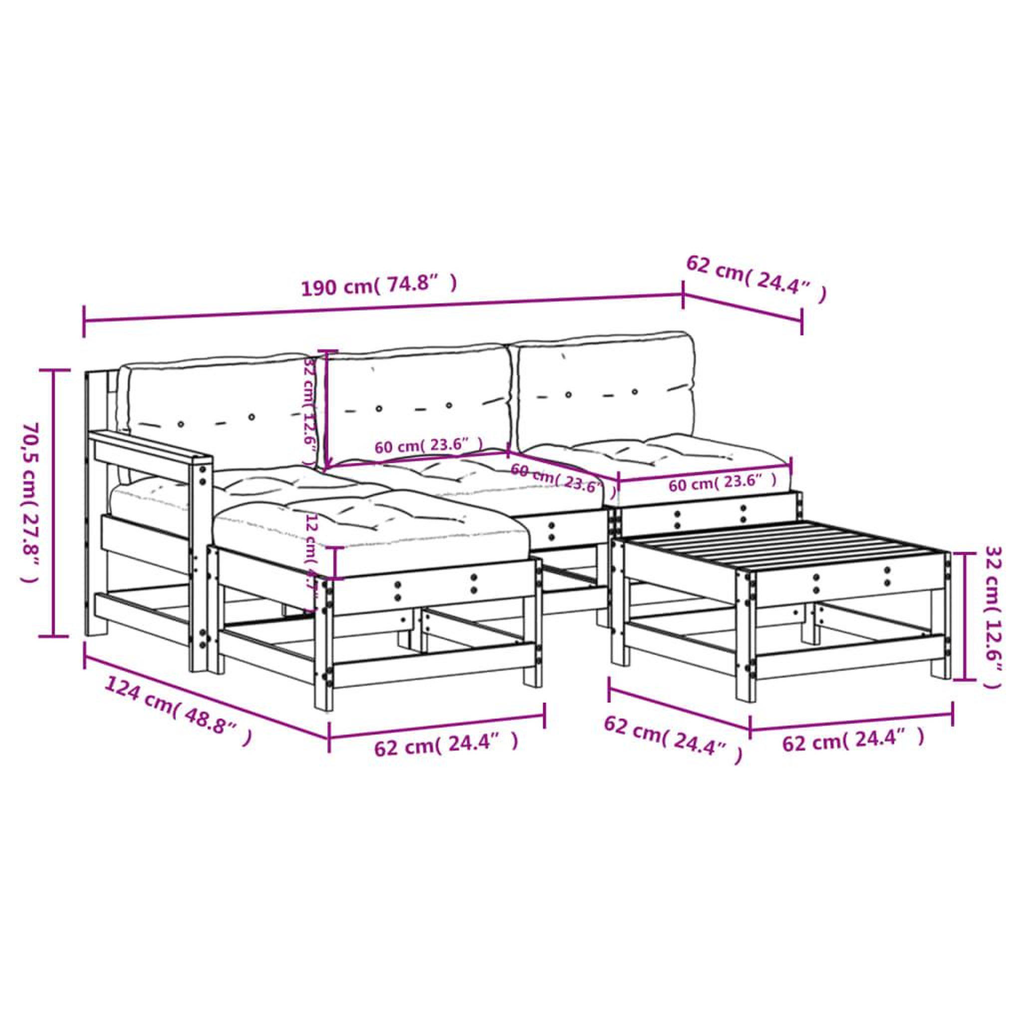 Voir la diapositive 6 : VIDAXL Salon de jardin 5 pcs avec coussins gris bois massif