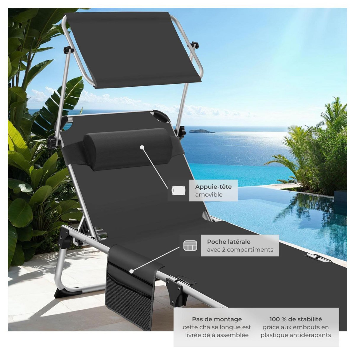 tectake Bain de soleil pliable avec oreiller noir