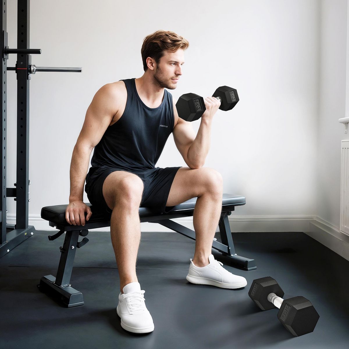 HOMCOM Lot de 2 haltères courtes hexagonales - ensemble d'haltères courtes - total 12 Kg - métal caoutchouc noir