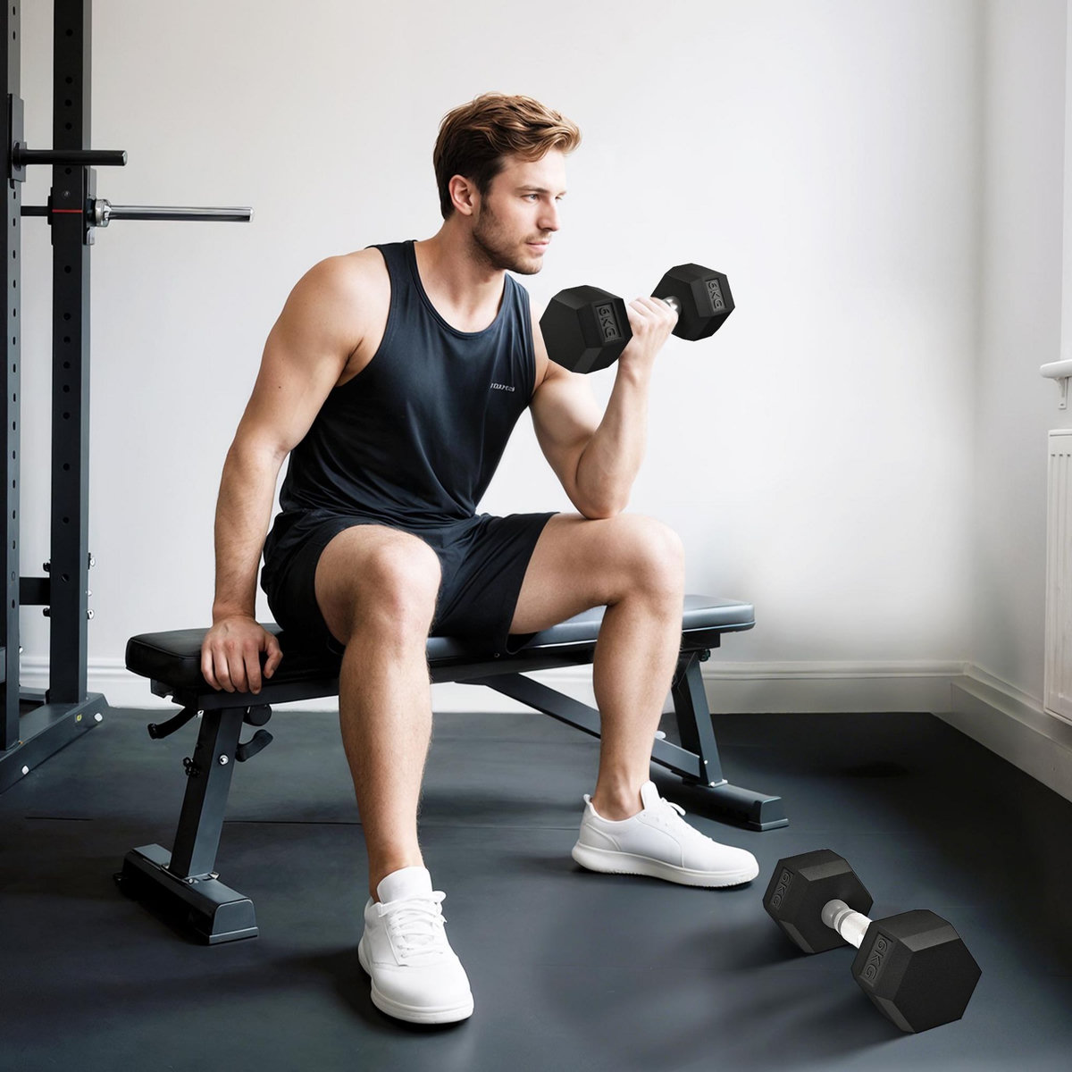 HOMCOM Lot de 2 haltères courtes hexagonales - ensemble d'haltères courtes - total 12 Kg - métal caoutchouc noir