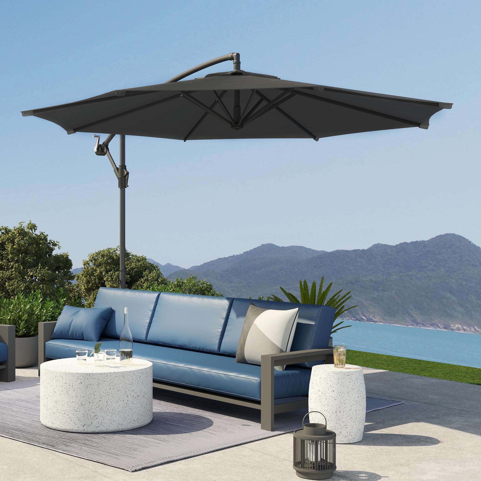 Voir la diapositive 2 : OUTSUNNY Parasol déporté octogonal inclinable rabattable diamètre 2,97 m parasol de jardin avec pied en croix noir