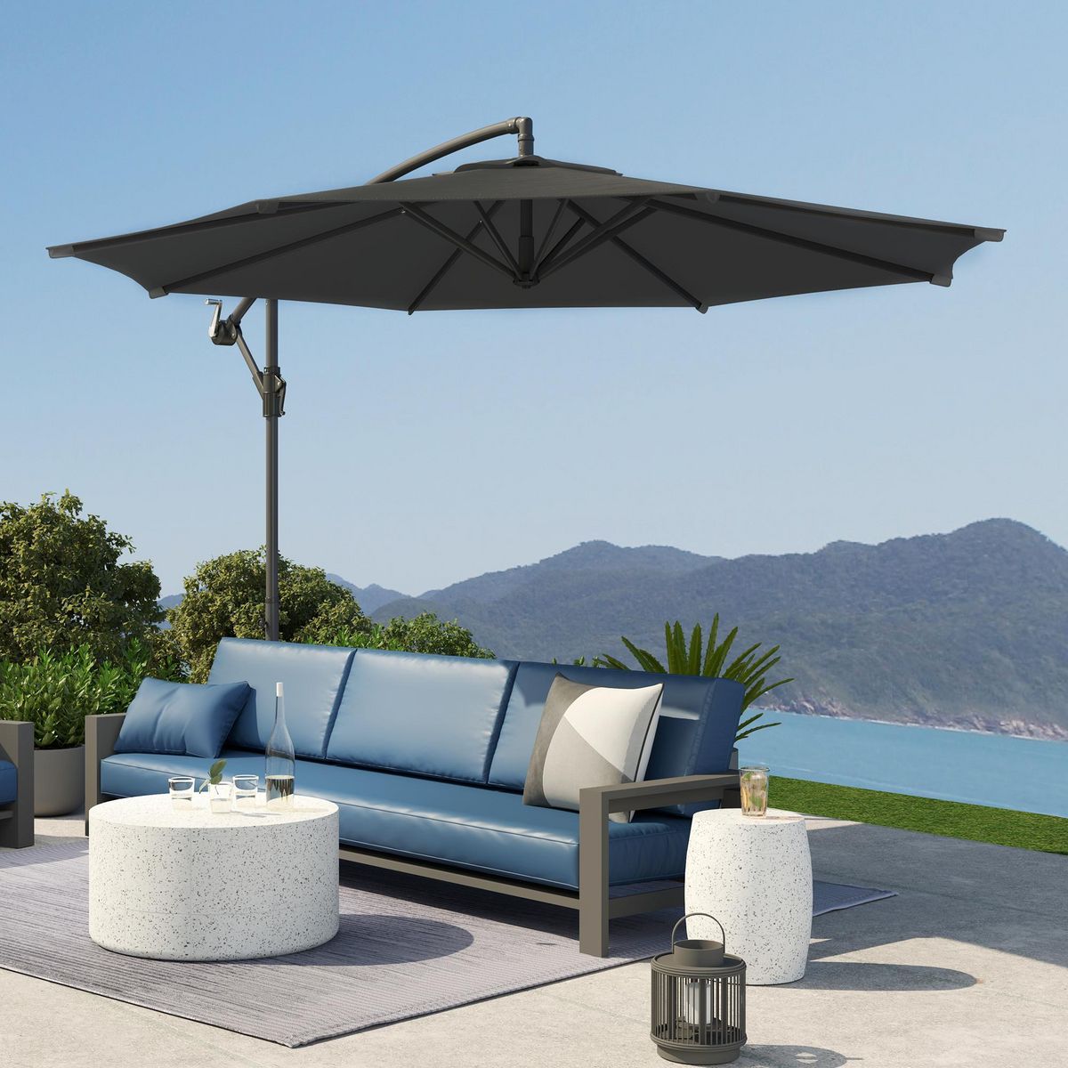 OUTSUNNY Parasol déporté octogonal inclinable rabattable diamètre 2,97 m parasol de jardin avec pied en croix noir