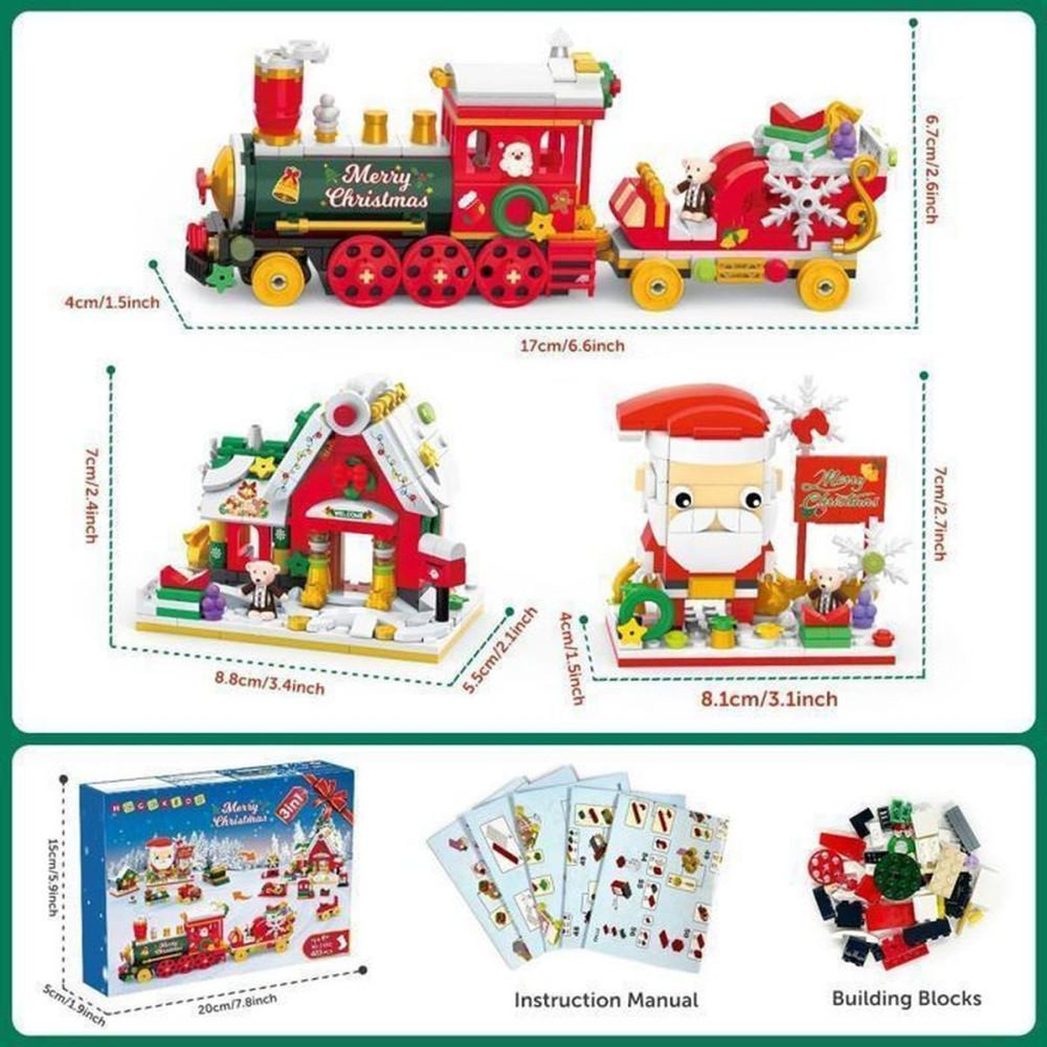Voir la diapositive 6 : Jouet de construction Noël 3-en-1 403 pièces avec LED, modèles Père Noël, train et cabane