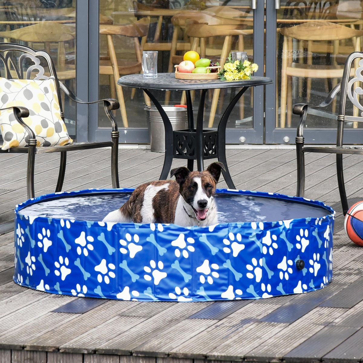 PAWHUT Piscine pour chien bassin PVC pliable anti-glissant facile à nettoyer Ø 1,4 m hauteur 30 cm motifs os pattes bleu