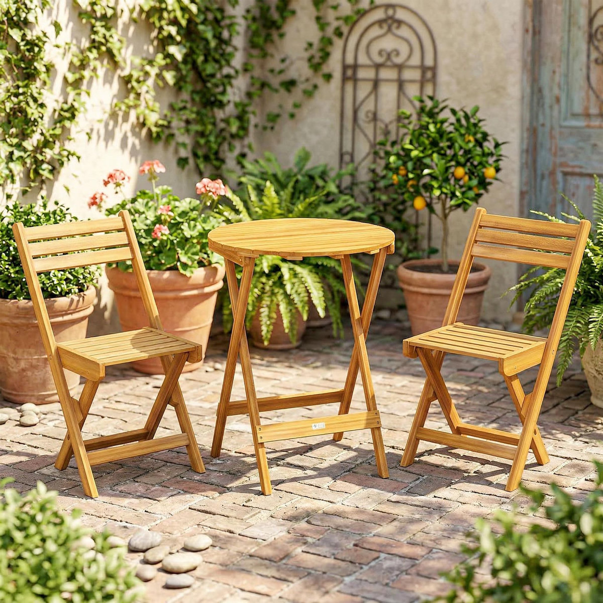 OUTSUNNY Ensemble bistro 2 places 3 pièces pliables bois acacia pré-huilé
