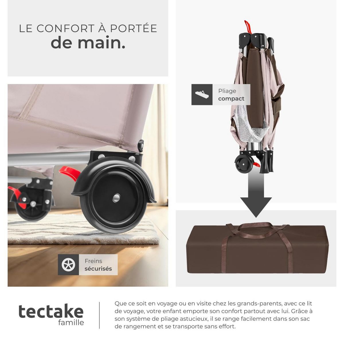 tectake Lit de voyage pour enfants peu encombrant pliable et réglable en hauteur marron