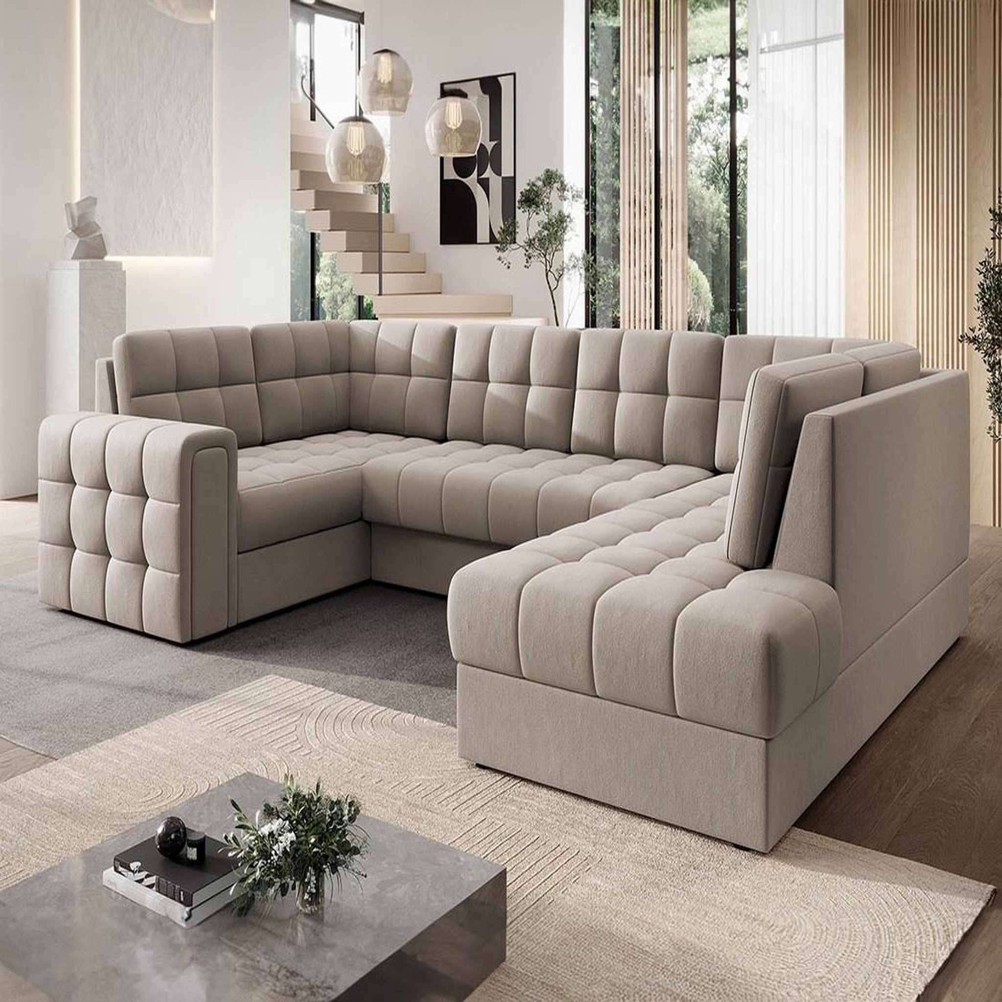 BEST MOBILIER Nappa - canapé panoramique d'angle gauche 7 places convertible avec coffre en velours. Coloris disponibles : Beige, Gris