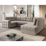 BEST MOBILIER Nappa - canapé panoramique d'angle gauche 7 places convertible avec coffre en velours. Coloris disponibles : Gris, Beige