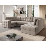 BEST MOBILIER Nappa - canapé panoramique d'angle gauche 7 places convertible avec coffre en velours. Coloris disponibles : Gris, Beige