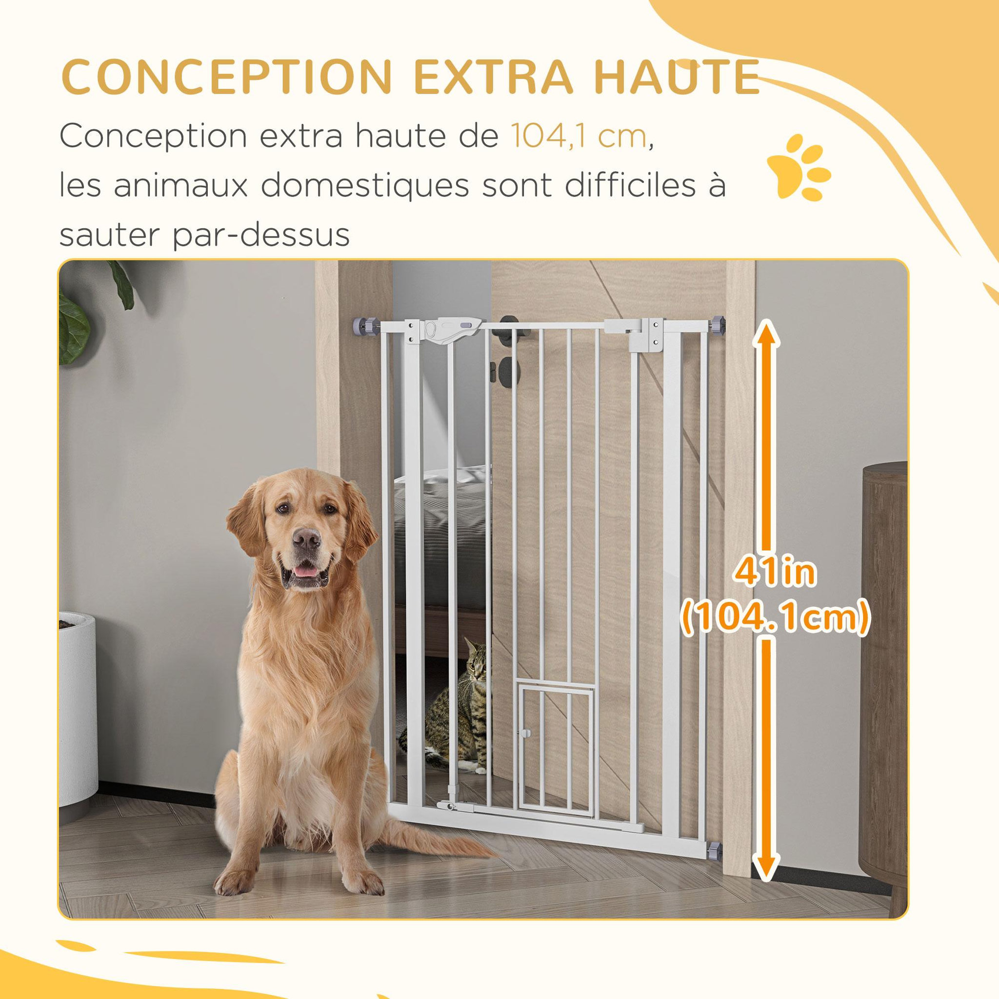 Voir la diapositive 6 : PAWHUT Barrière de sécurité animaux - longueur réglable dim. 74-80 cm - porte double verrouillage, ouverture double sens, petite porte -sans perçage - acier plastique blanc