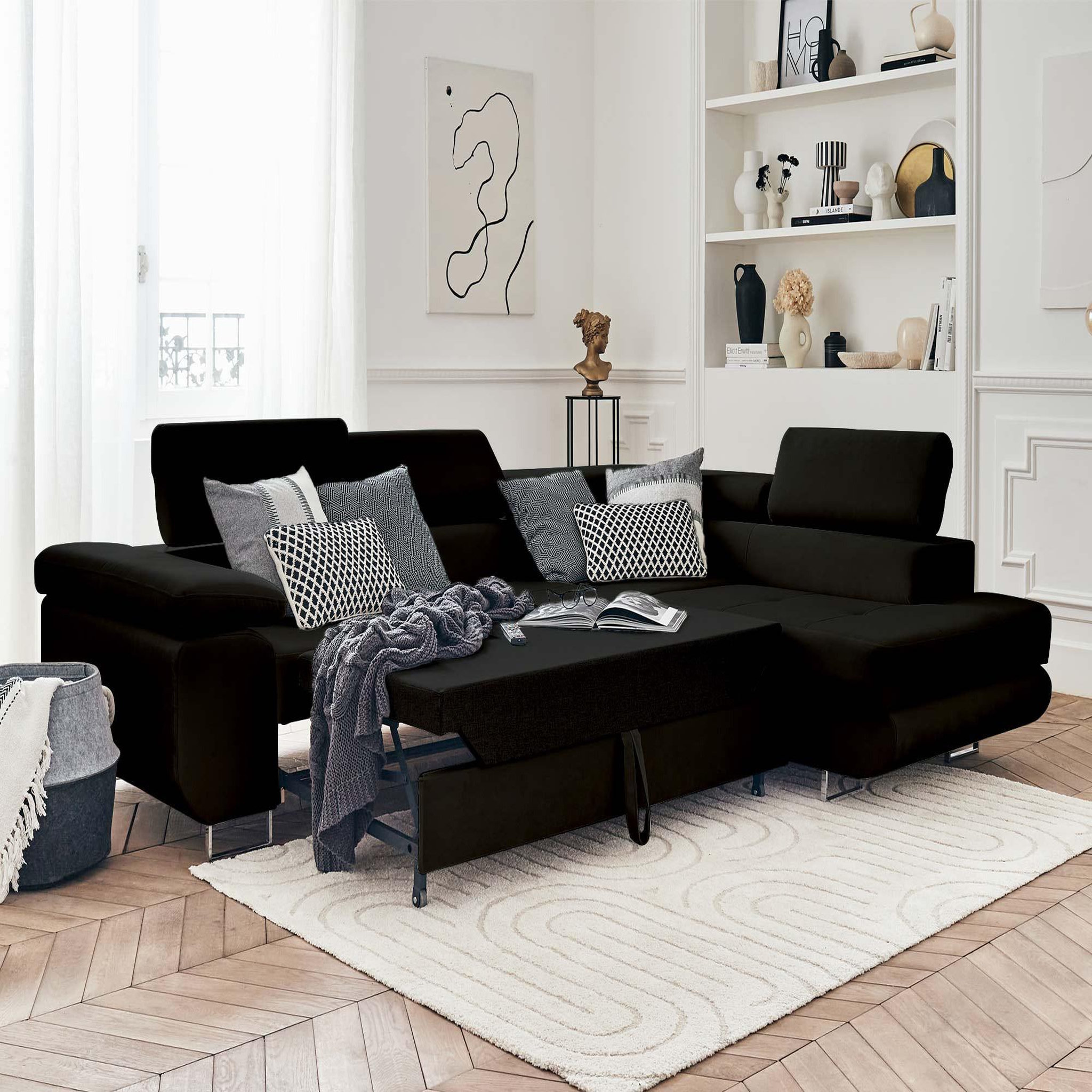 Voir la diapositive 2 : BEST MOBILIER Pablo - canapé d'angle droit - 5 places - convertible avec coffre et têtières réglables - en velours