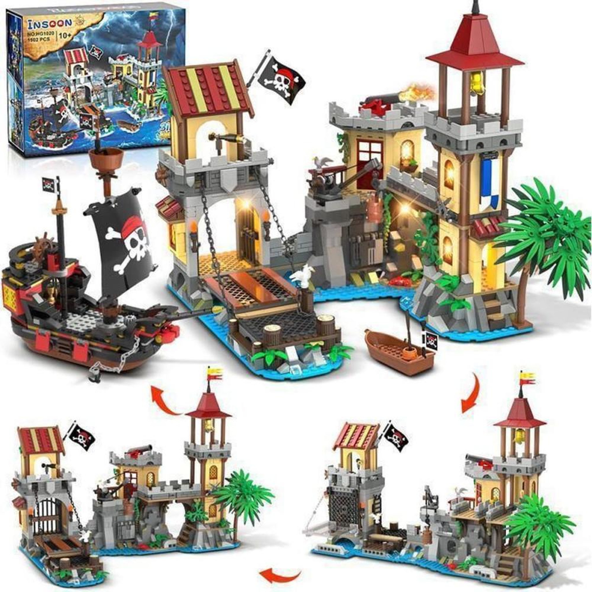 Jeu de construction pirate Château avec LEDs 1502 pièces, navire, tour de guet, pont-levis et grue rotative, 3 configurations