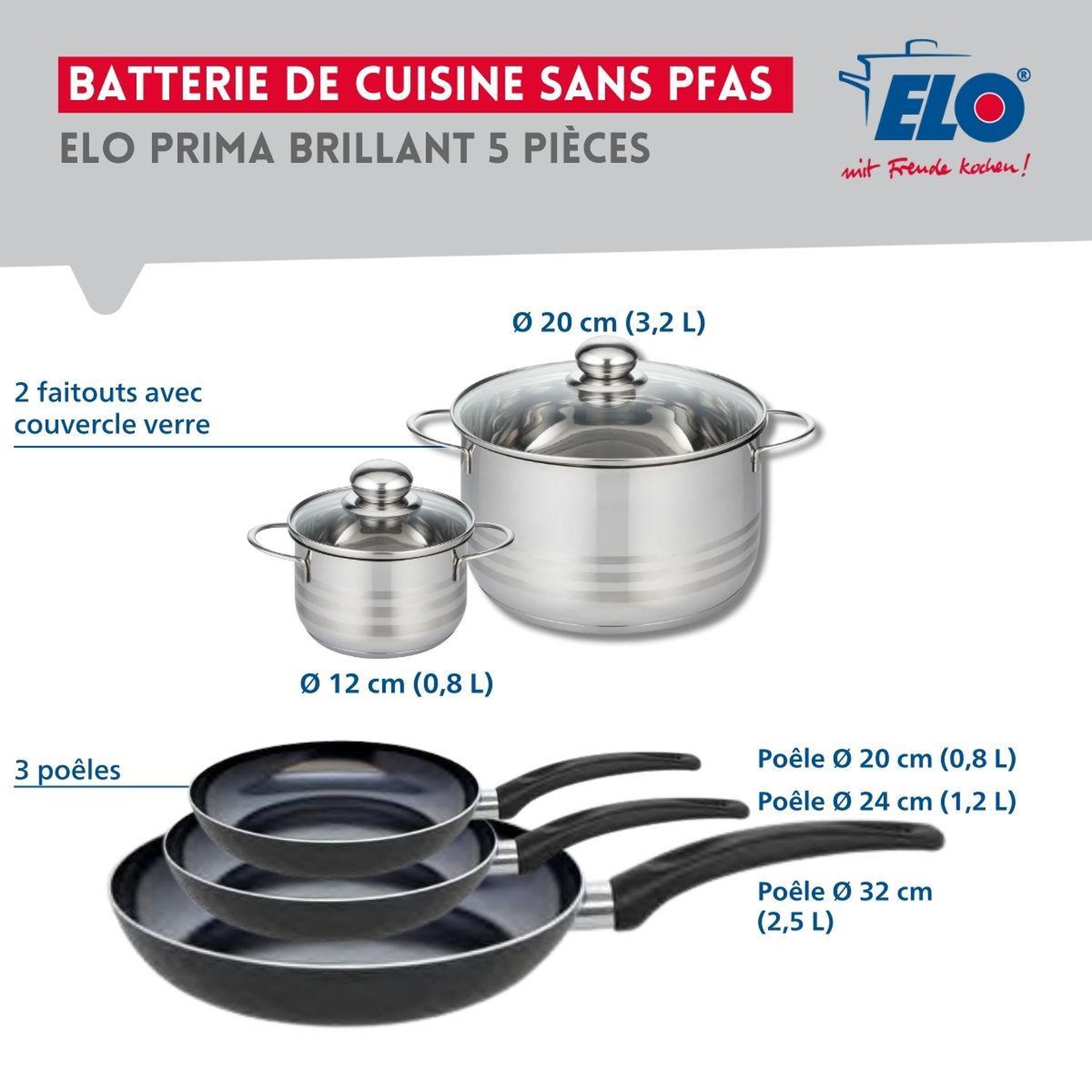 Voir la diapositive 2 : ELO Ensemble de 3 poêles de cuisson 20, 24 et 32 cm et 2 faitouts 12 et 20 cm elo prima brillant