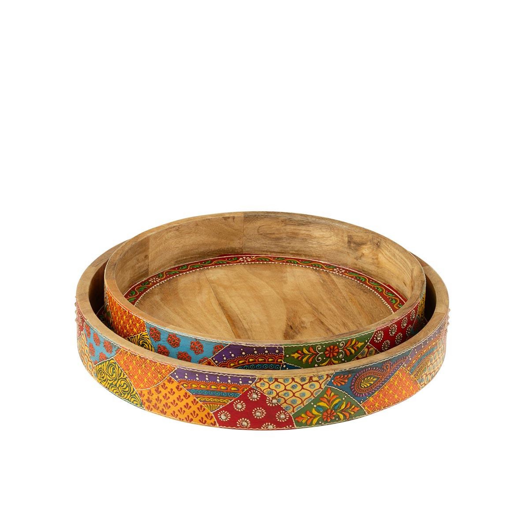 Voir la diapositive 4 : J-LINE Lot de 2 plateaux déco en bois  delhi  40cm multicolore