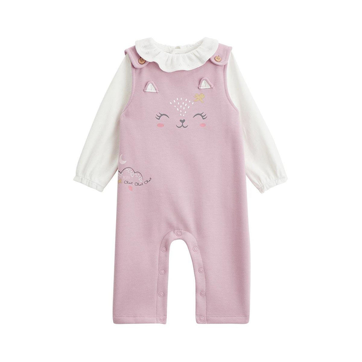 Petit Béguin Ensemble salopette bébé en molleton et t-shirt Miss Chatchatchat