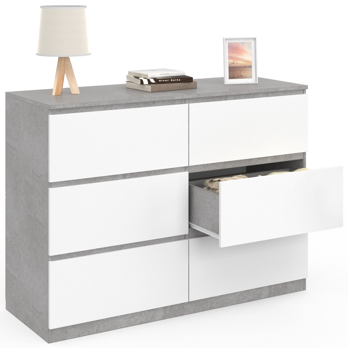 ID MARKET Commode 6 tiroirs TOMI 110 cm blanc et effet béton