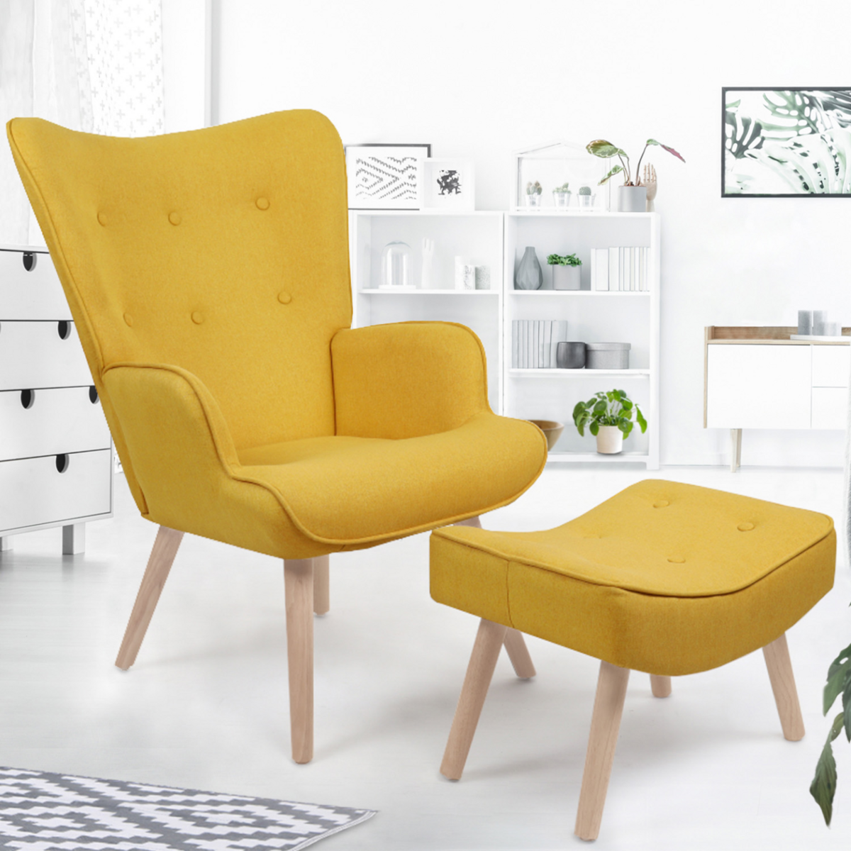 ID MARKET Fauteuil scandinave IVAR avec repose pieds jaune