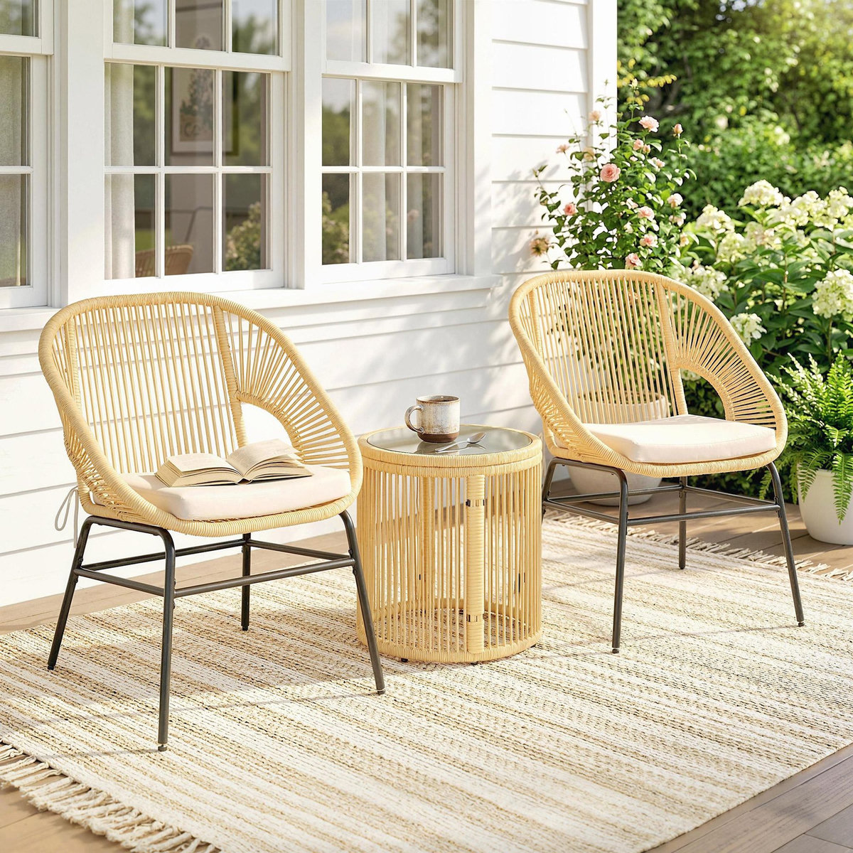 OUTSUNNY Salon de jardin style Acapulco 2 places 3 pièces acier coussin résine filaire beige