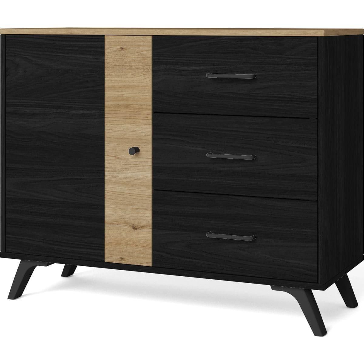 HOMIFAB Buffet 1 porte 3 tiroirs effet bois noir et bois naturel 92 cm - Zack