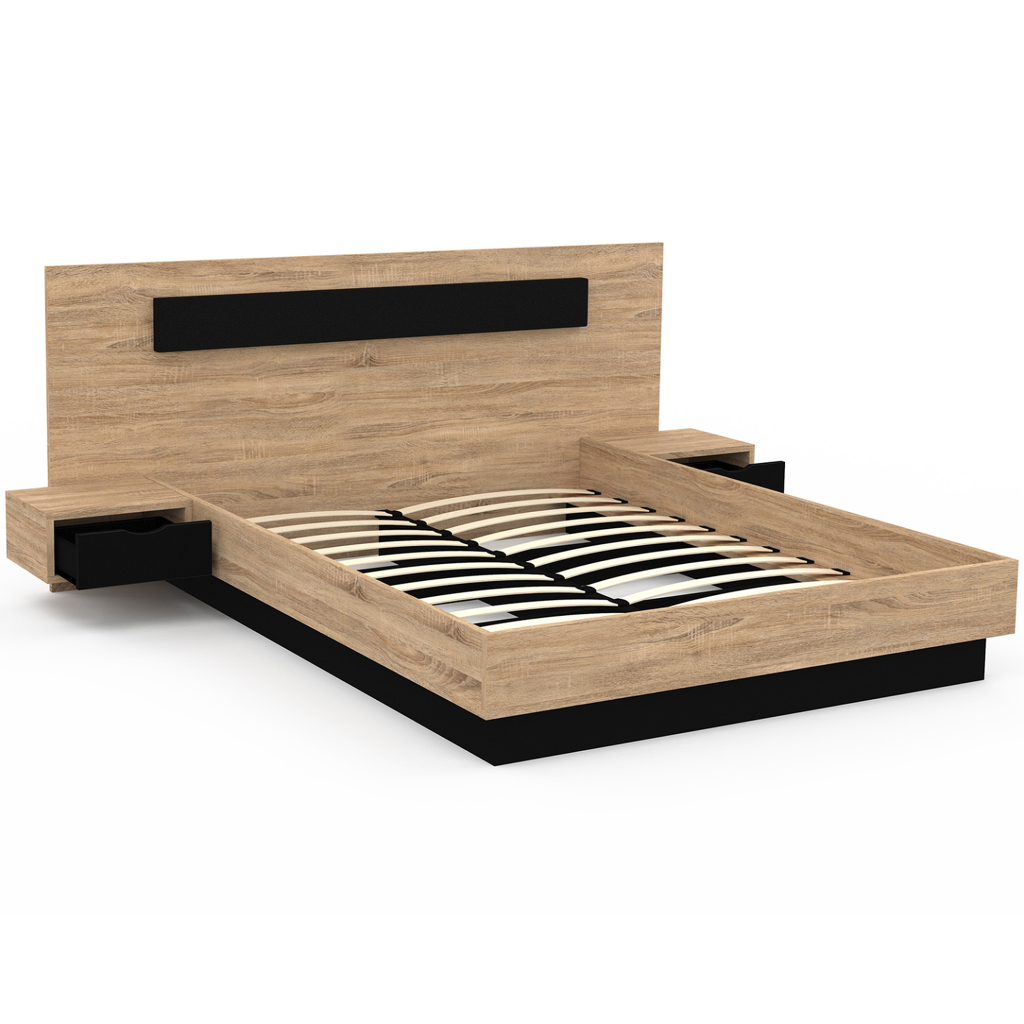 Voir la diapositive 4 : ID MARKET Lit double santa avec tête de lit + tables de chevet intégrées et sommier 140 x 190 cm bois et noir