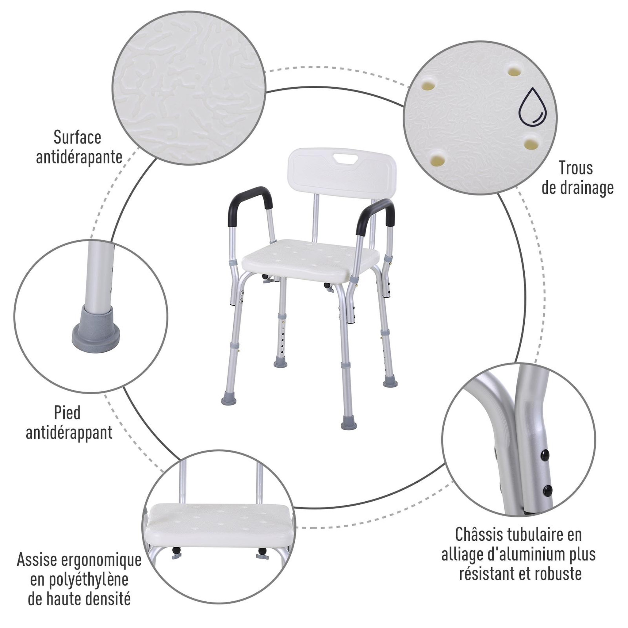 Voir la diapositive 6 : HOMCOM Chaise de douche siège de douche ergonomique hauteur réglable pieds antidérapants charge max. 135 kg alu hdpe blanc