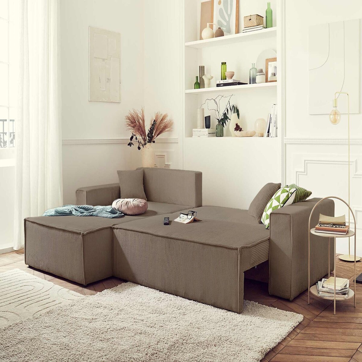 BEST MOBILIER Dellia - canapé d'angle réversible convertible - avec coffre - en velours côtelé - 4 places