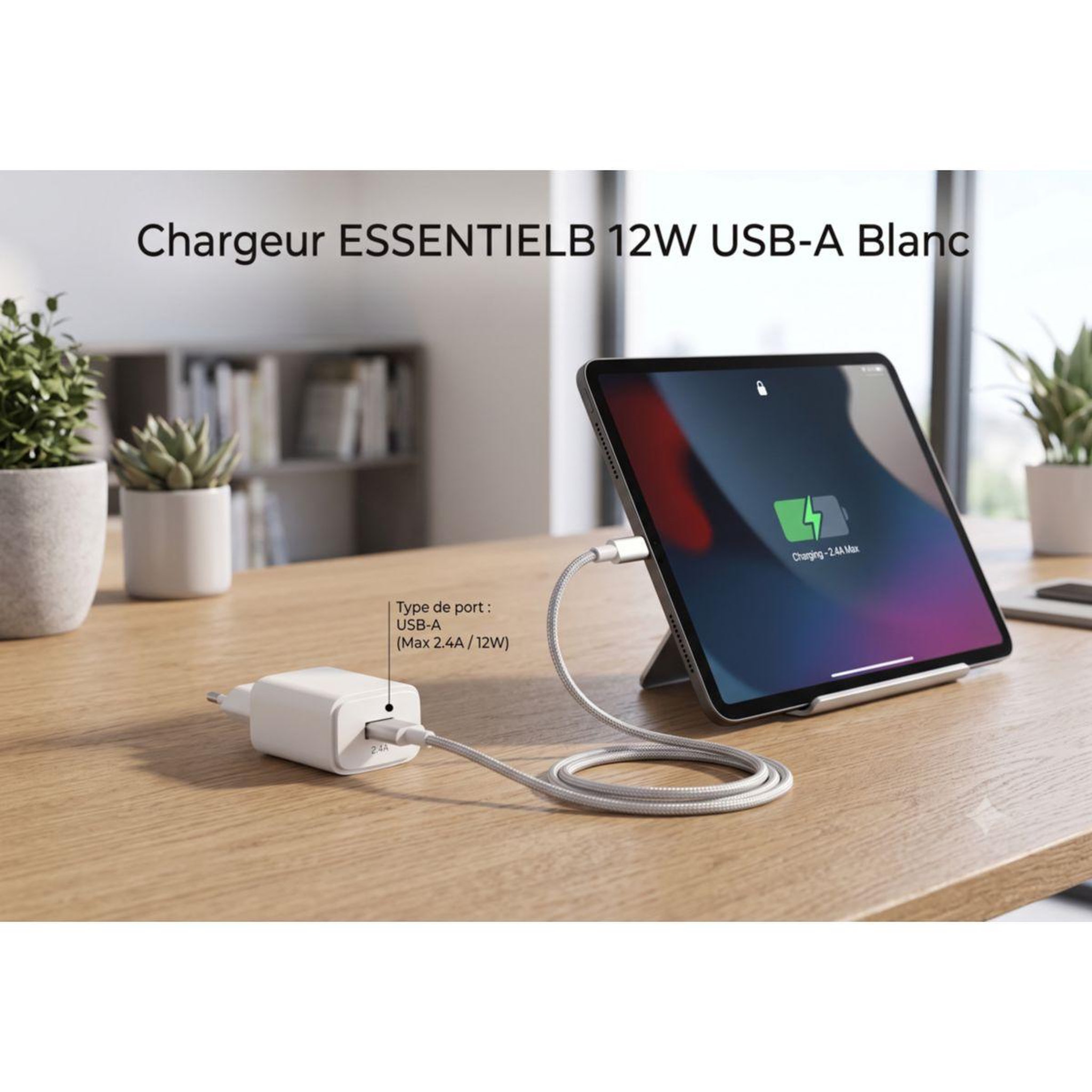Voir la diapositive 3 : ESSENTIEL B Chargeur 12w usb-a blanc compatible iphone 17 16 15 pro max et samsung galaxy