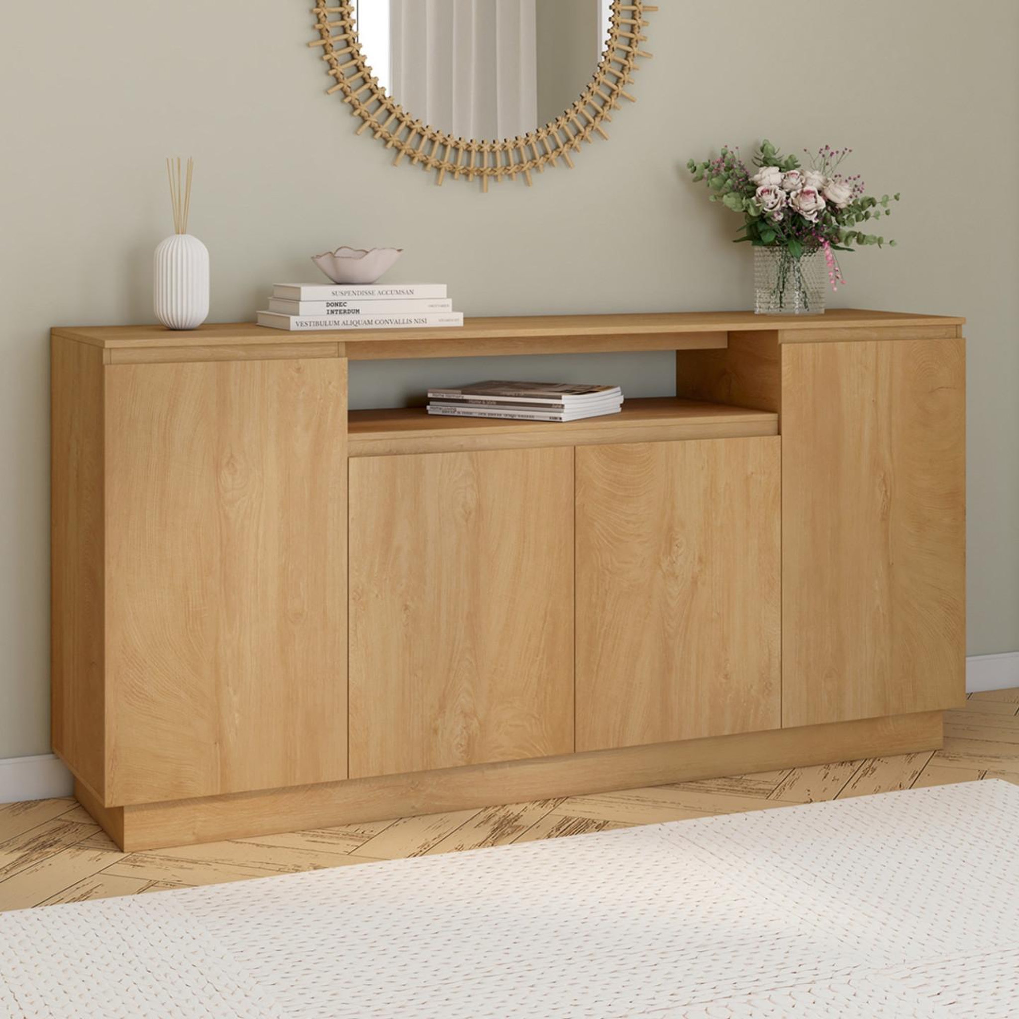 Voir la diapositive 2 : ID MARKET Buffet 160 cm serena 4 portes avec niche centrale effet bois