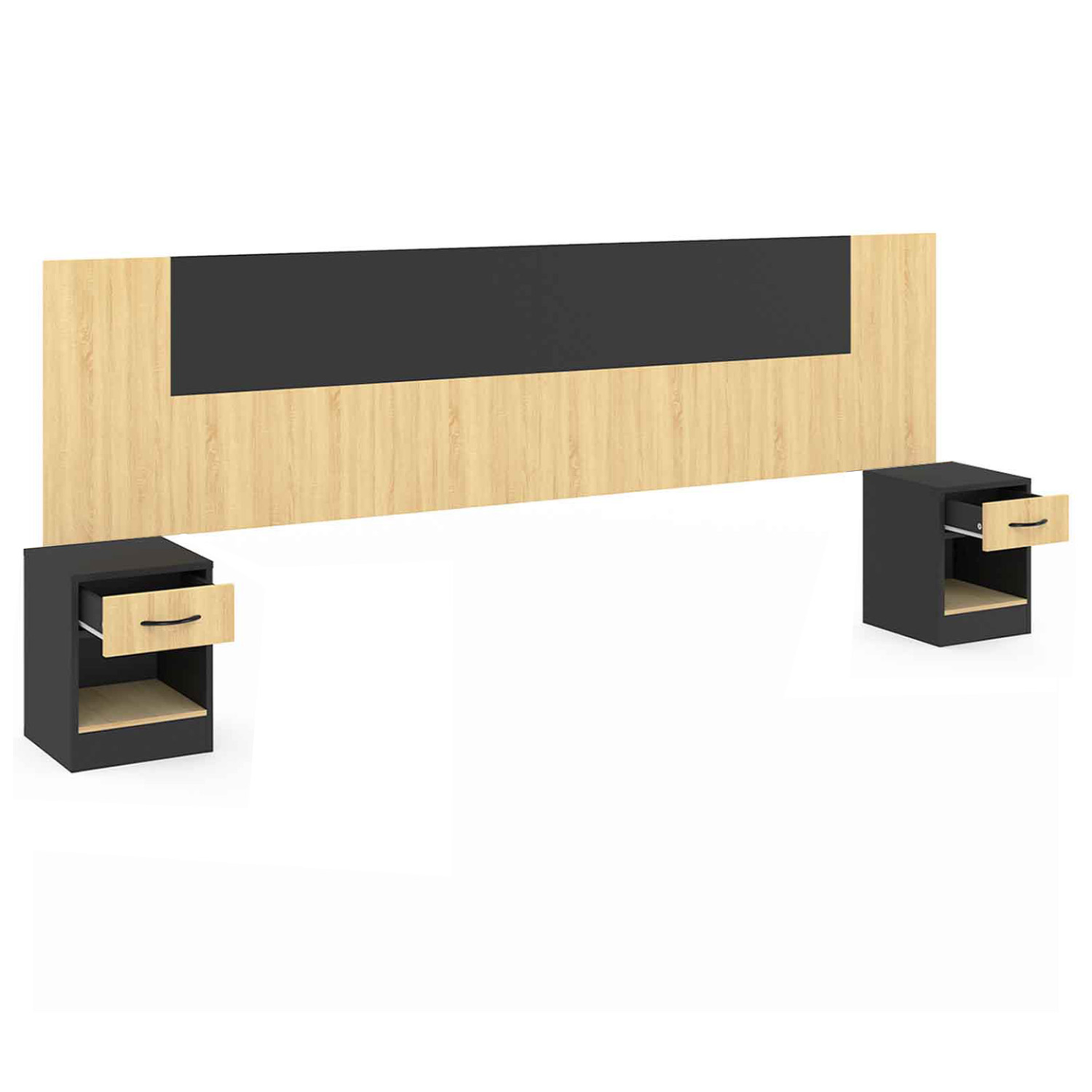 Voir la diapositive 4 : ID MARKET Tête de lit sur pied avec chevets modulables sapa pour lit 140, 160 ou 180 cm bois et noir