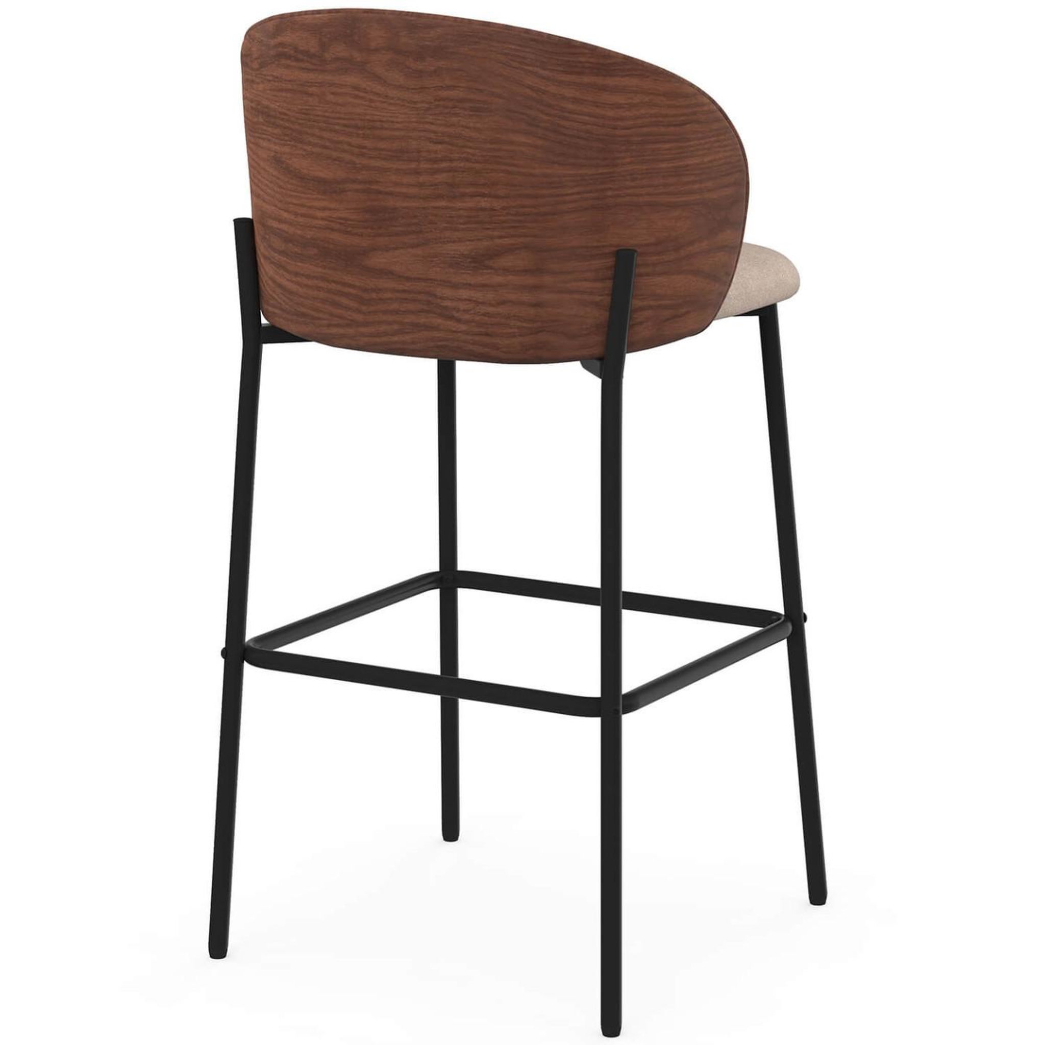 Voir la diapositive 4 : ID MARKET Lot de 4 tabourets de bar PENNY en tissu taupe, dossier effet noyer et pieds en métal noir